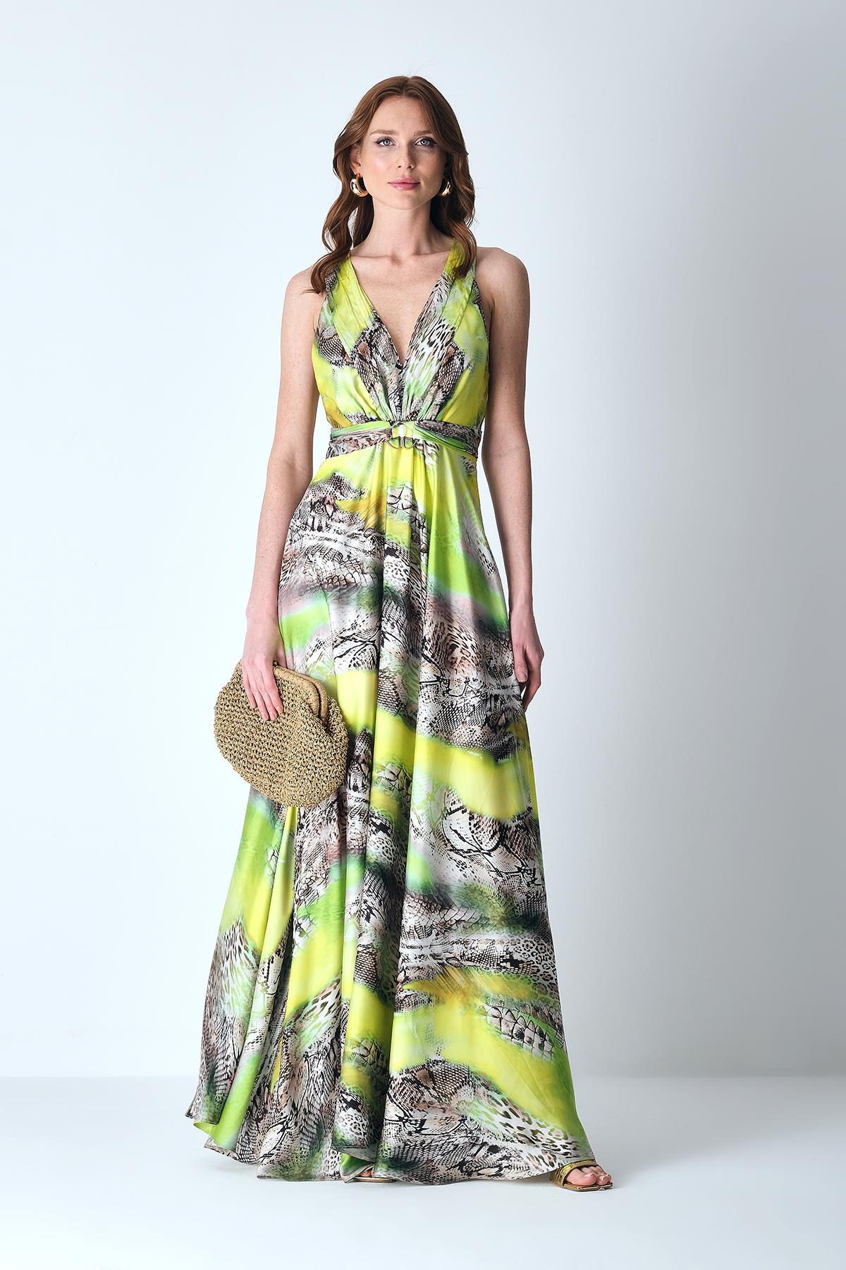 Desenli Saten Beli Gold Taşlı Aksesuarlı Elbise