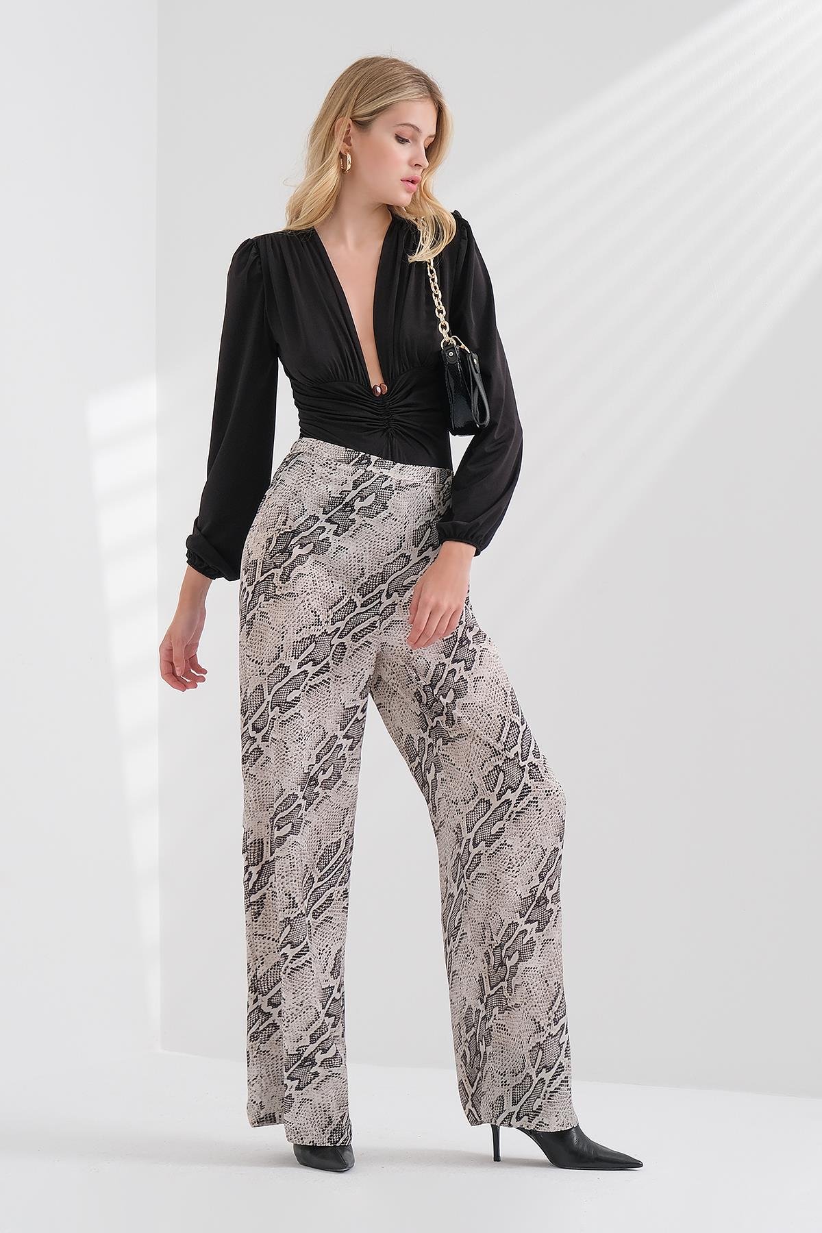 Desenli Saten Bol Paça Pantolon