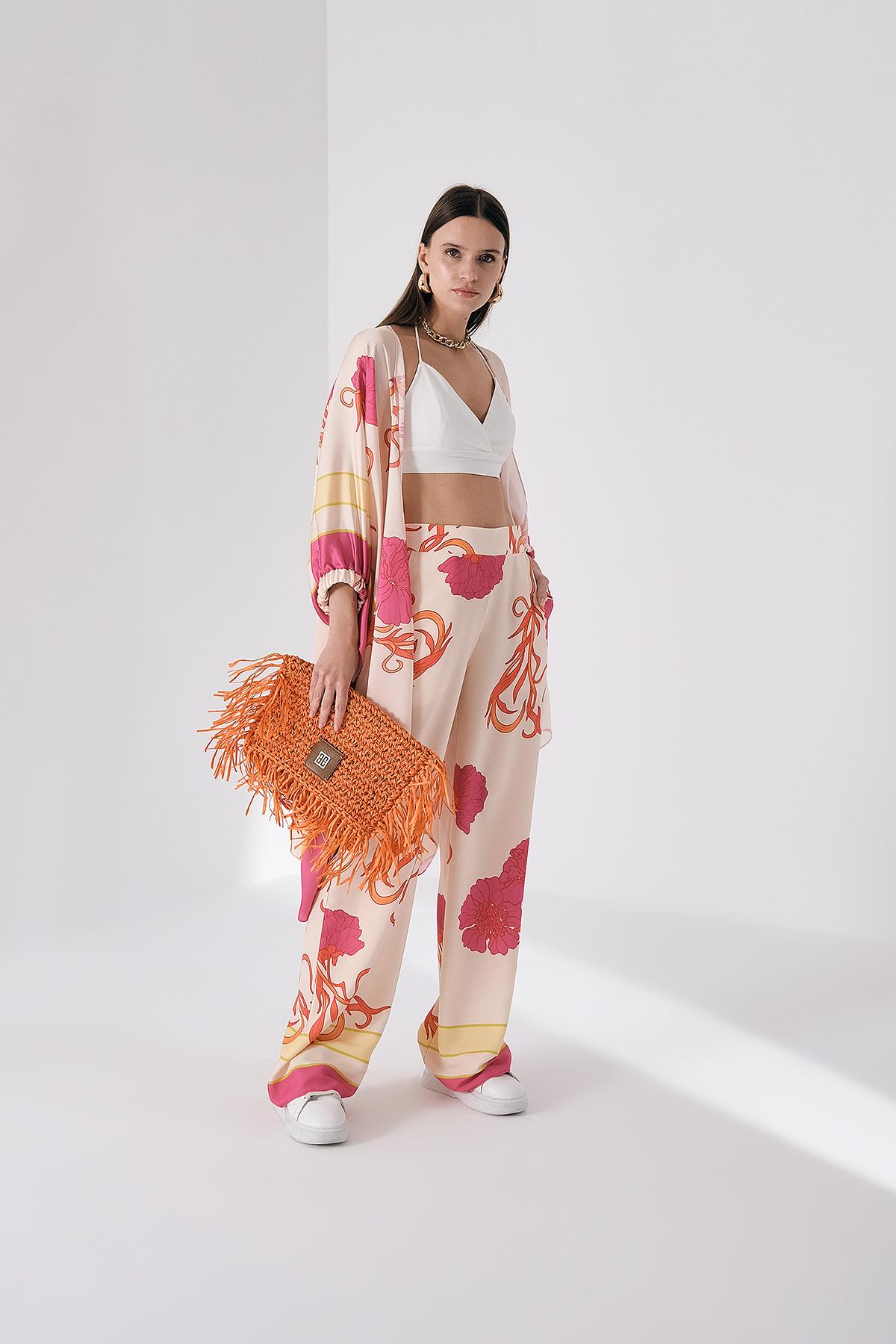 Desenli Saten Bol Paça Pantolon