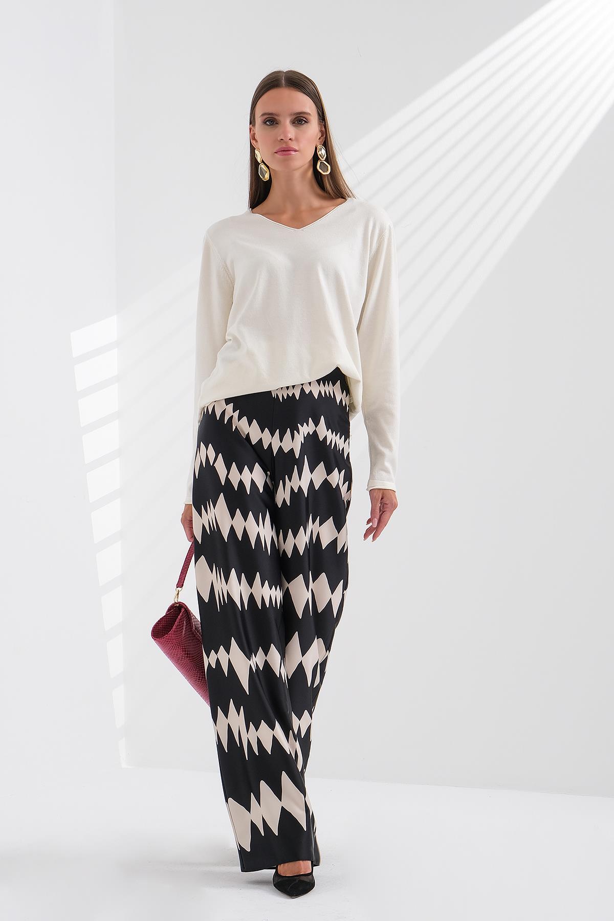 Desenli Saten Bol Paça Pantolon