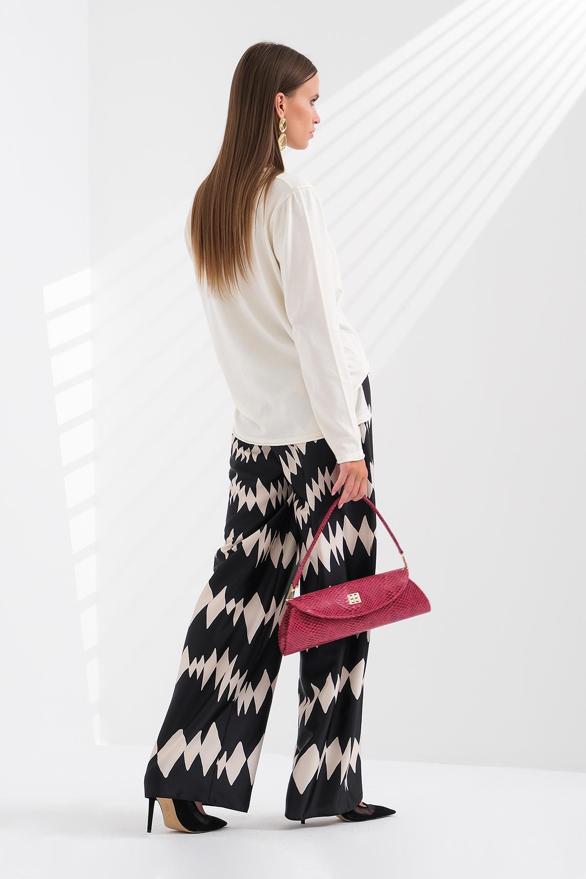 Desenli Saten Bol Paça Pantolon