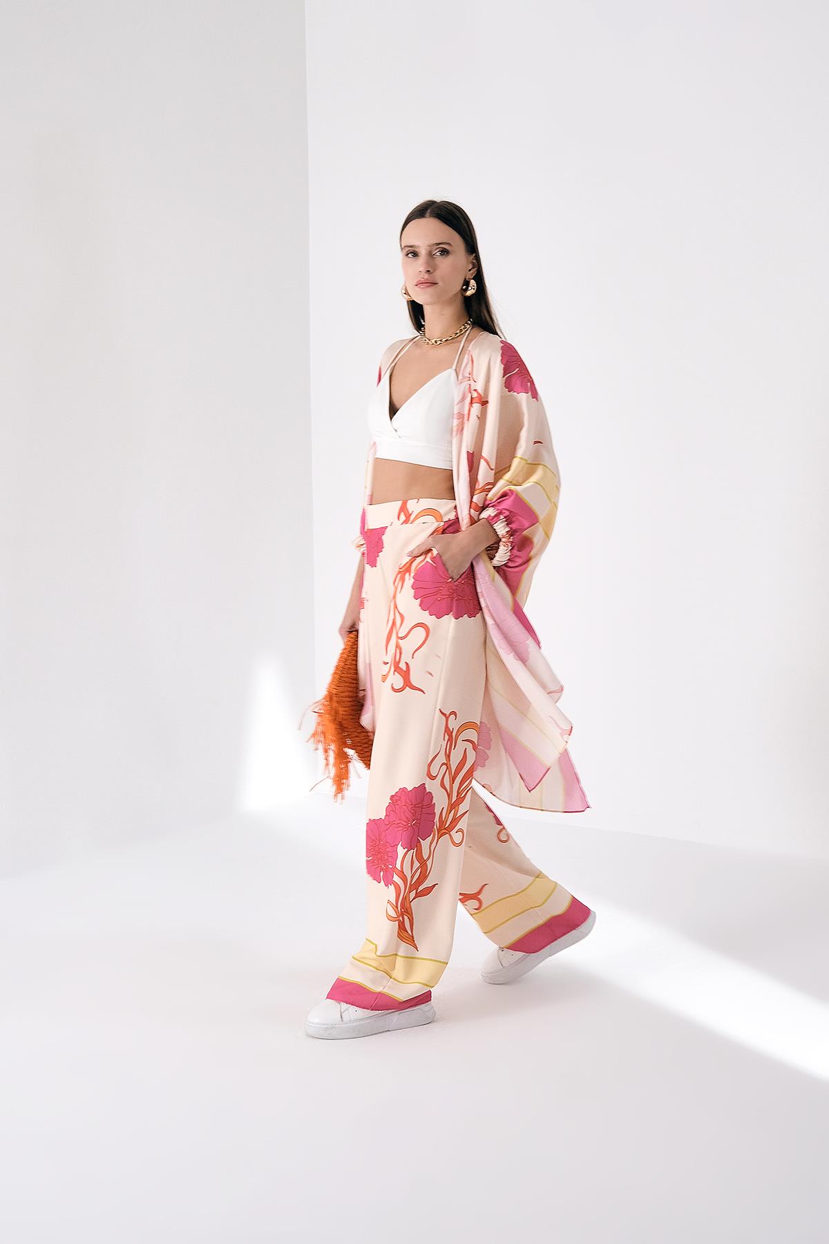 Desenli Saten Bol Paça Pantolon