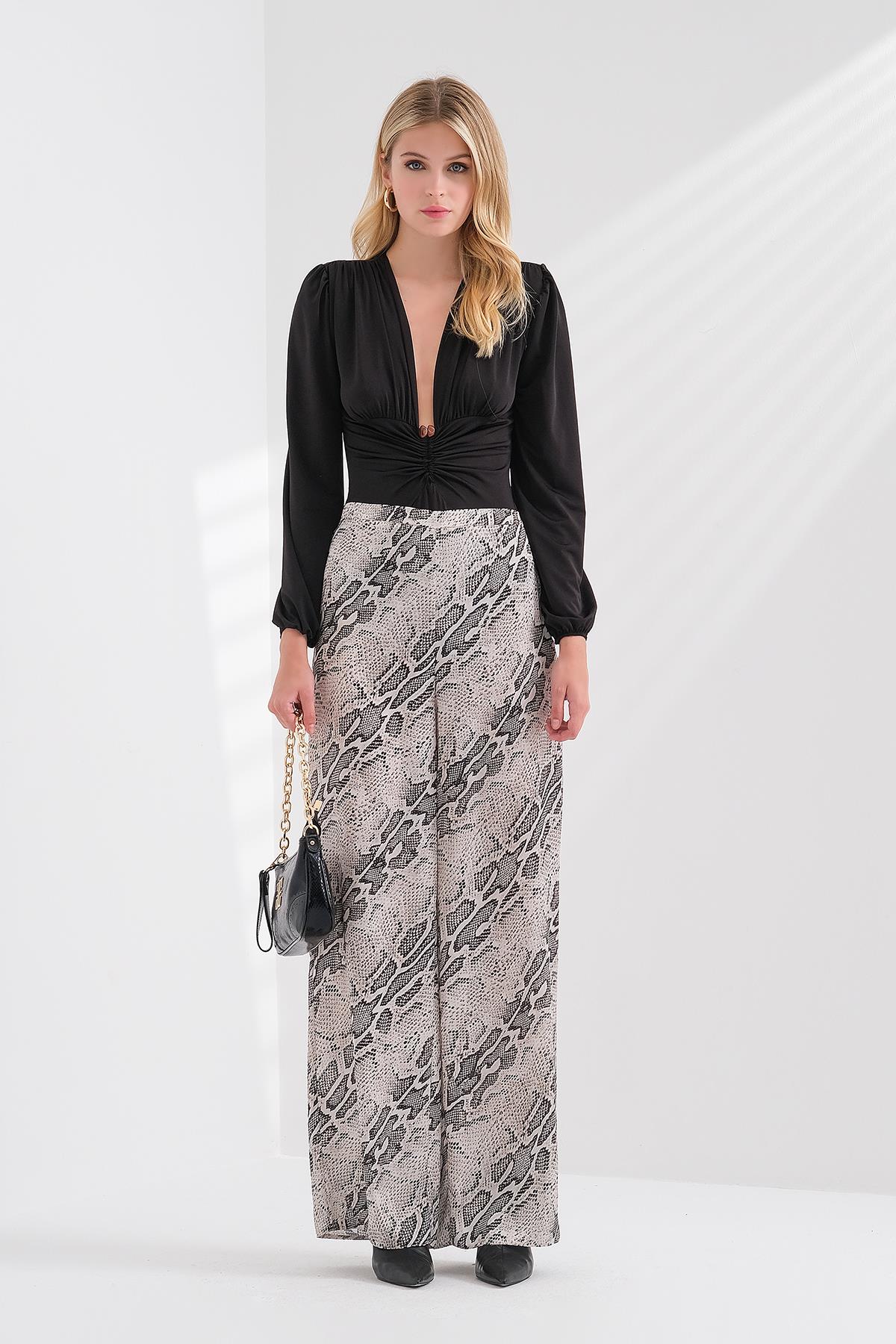 Desenli Saten Bol Paça Pantolon