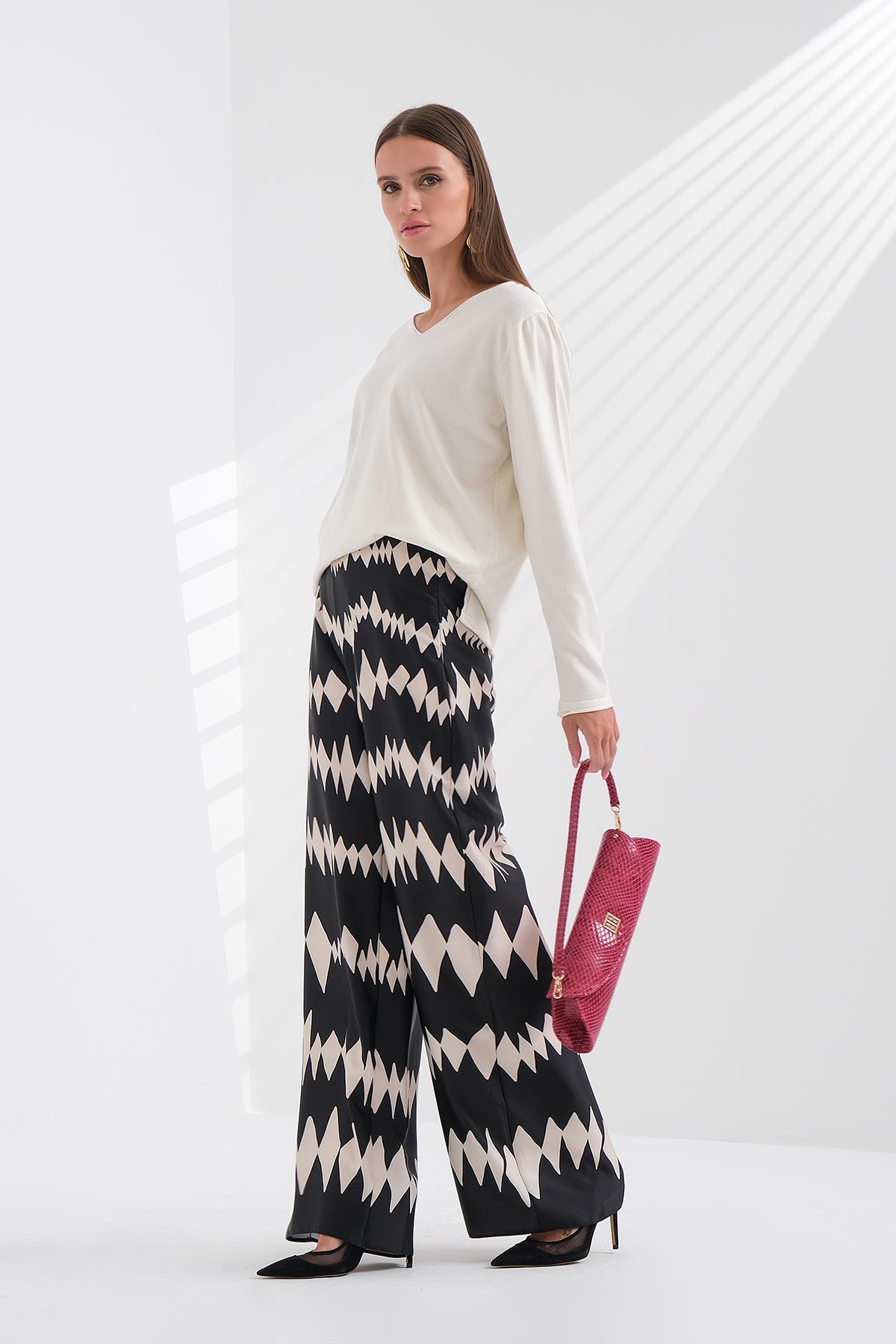 Desenli Saten Bol Paça Pantolon