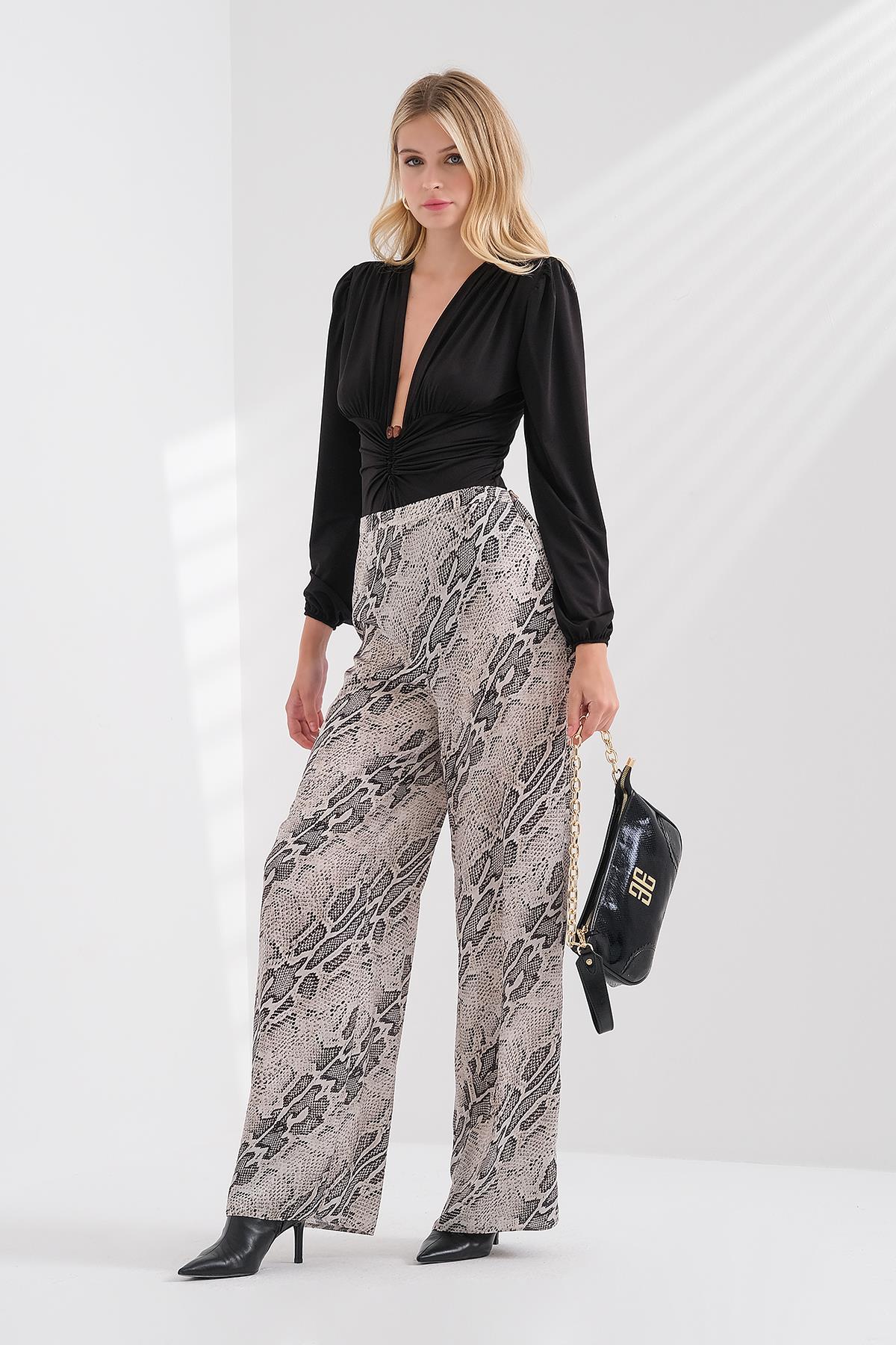 Desenli Saten Bol Paça Pantolon