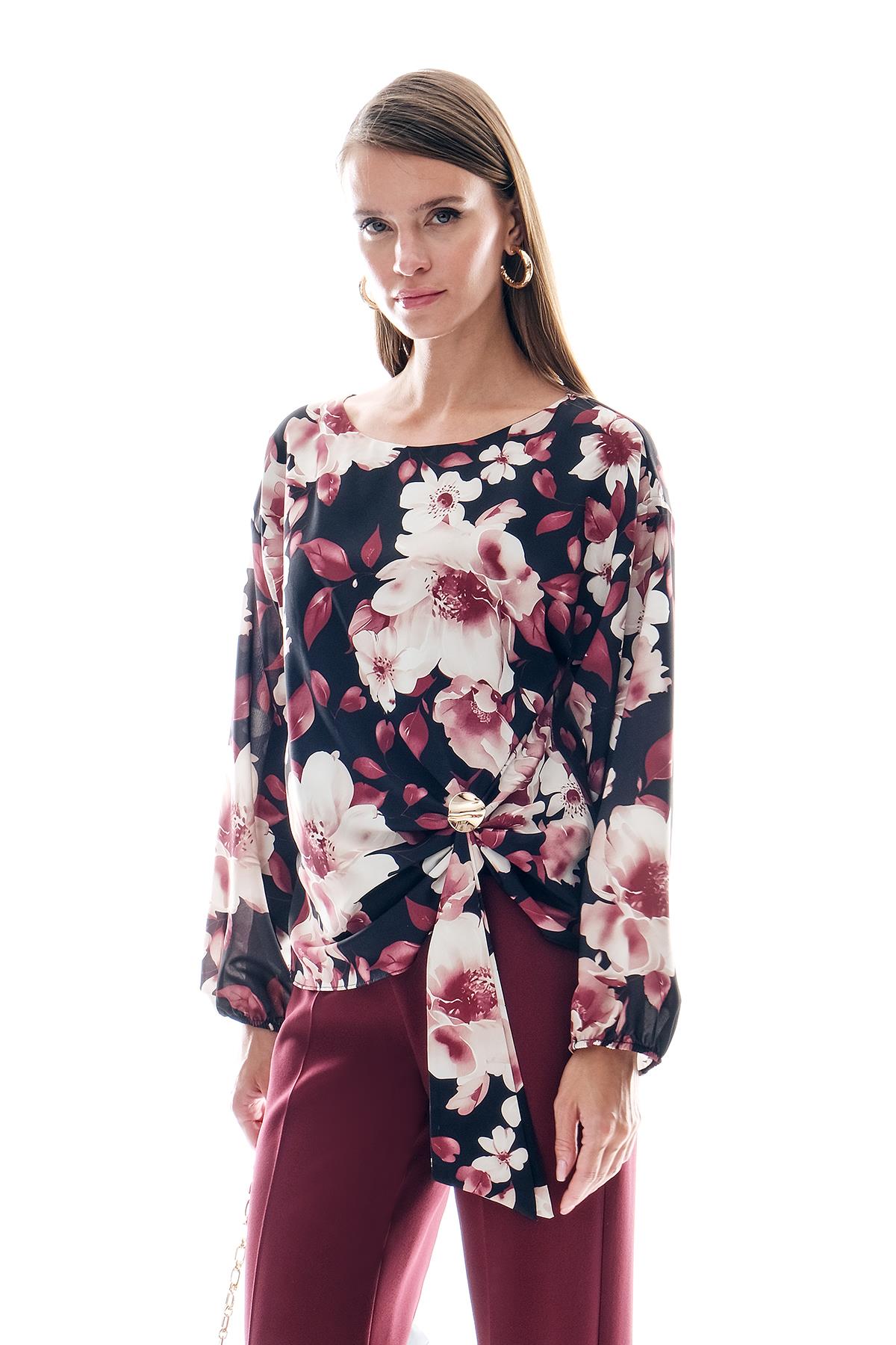 Desenli Saten Gold Aksesuarlı Şık Bluz