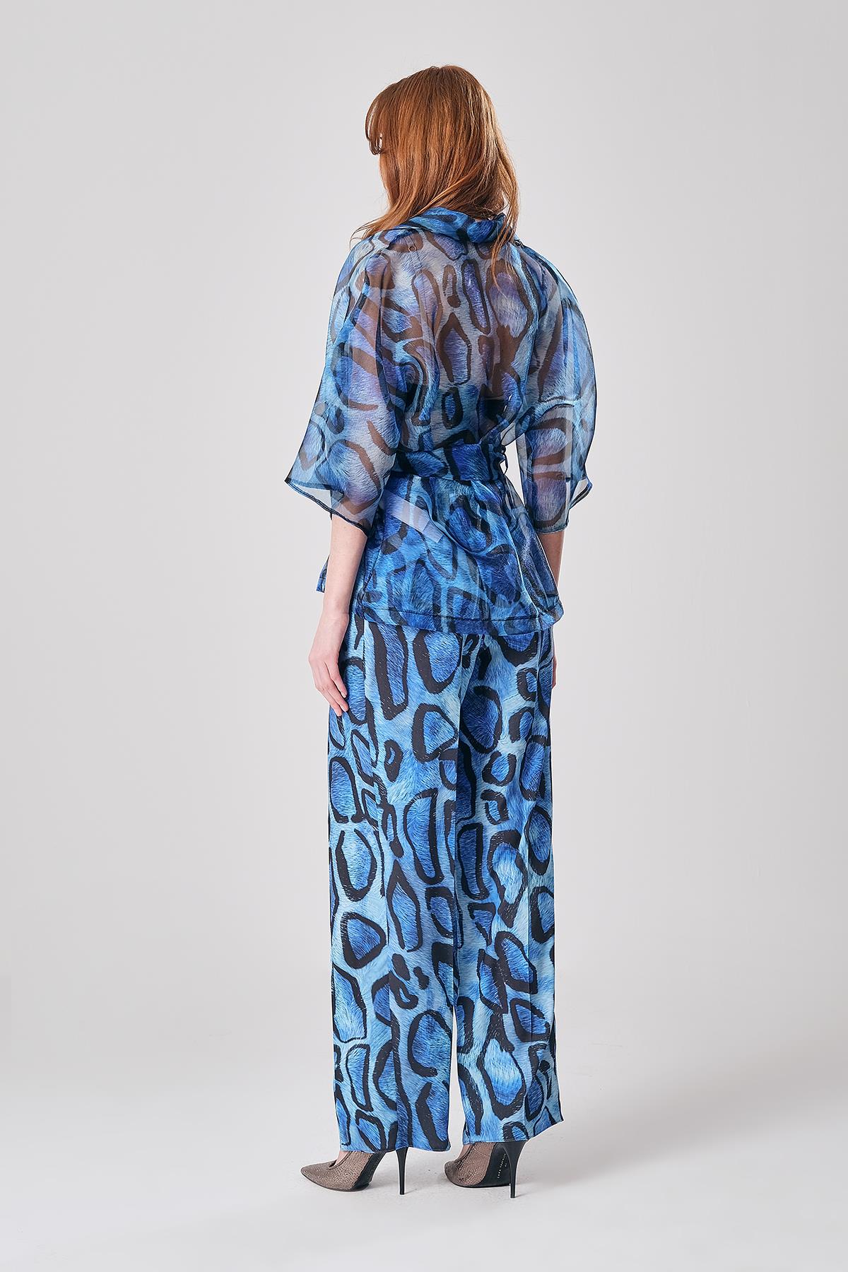 Desenli Saten Gold Düğmeli Yandan Cepli Bol Paça Pantolon