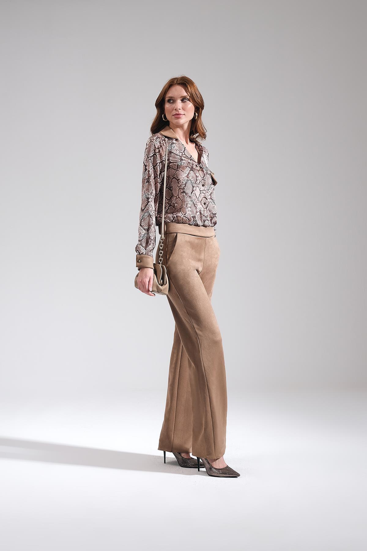 Desenli Saten Süet Garnili Bluz