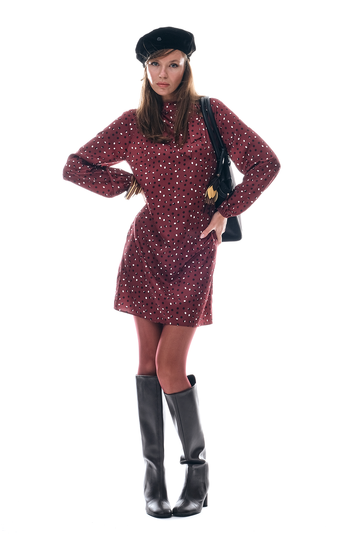 Desenli Saten Yakası Bağlamalı Mini Şık Elbise