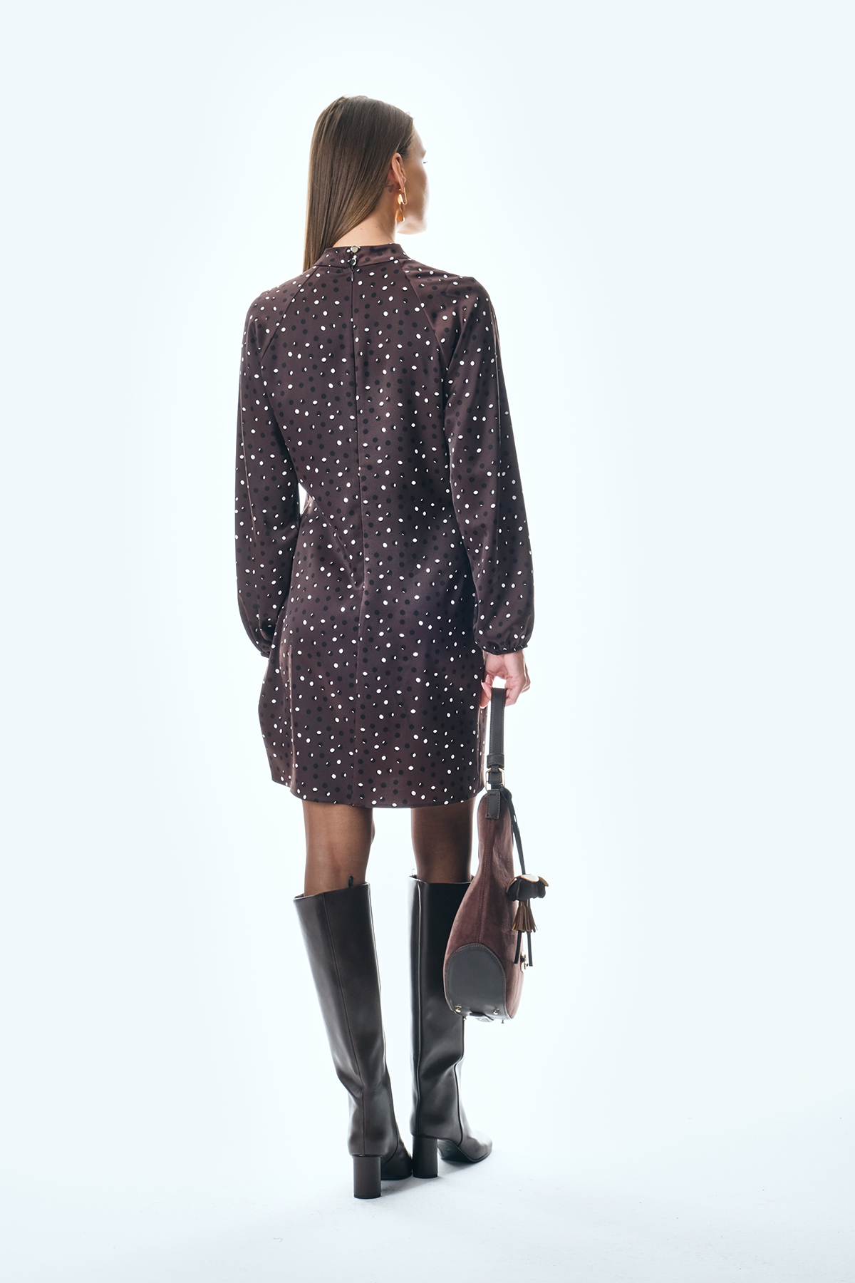 Desenli Saten Yakası Bağlamalı Mini Şık Elbise