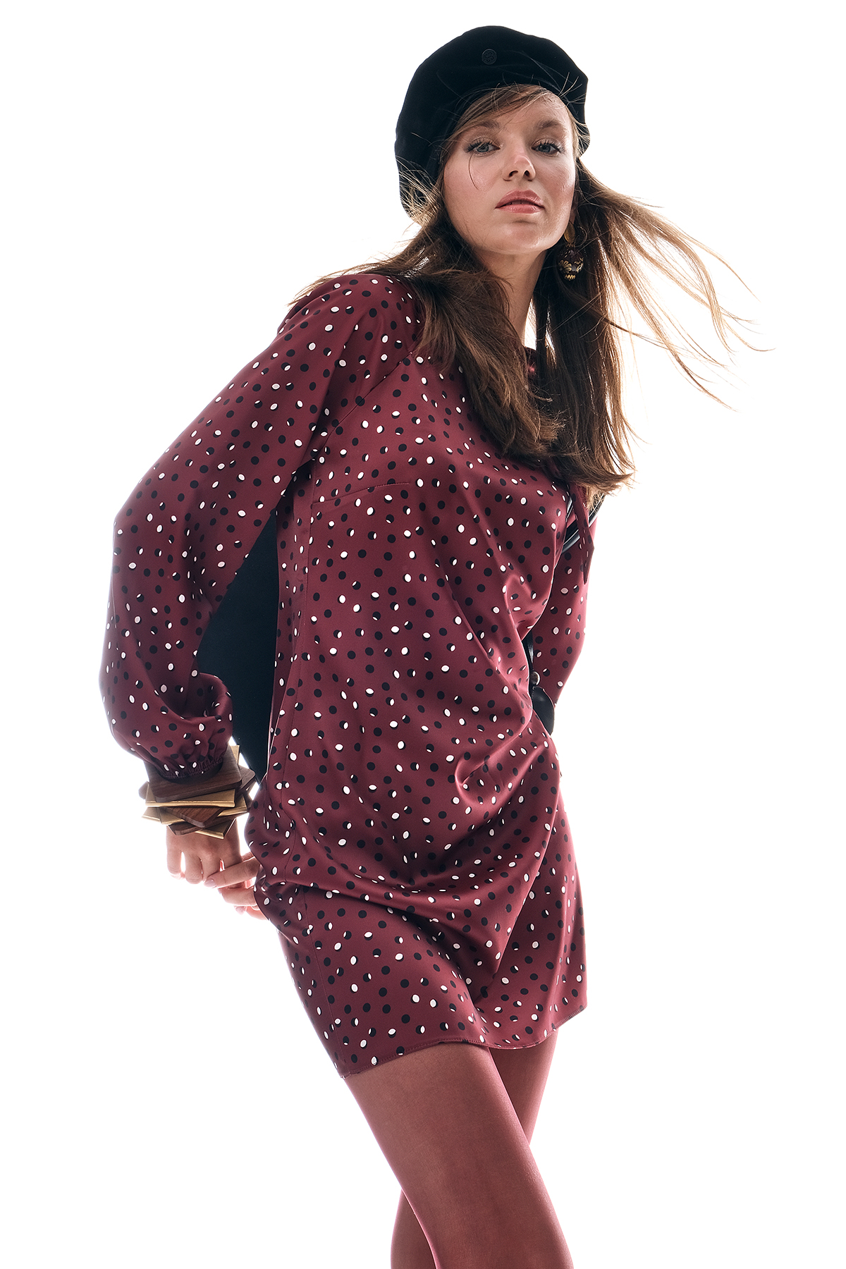 Desenli Saten Yakası Bağlamalı Mini Şık Elbise