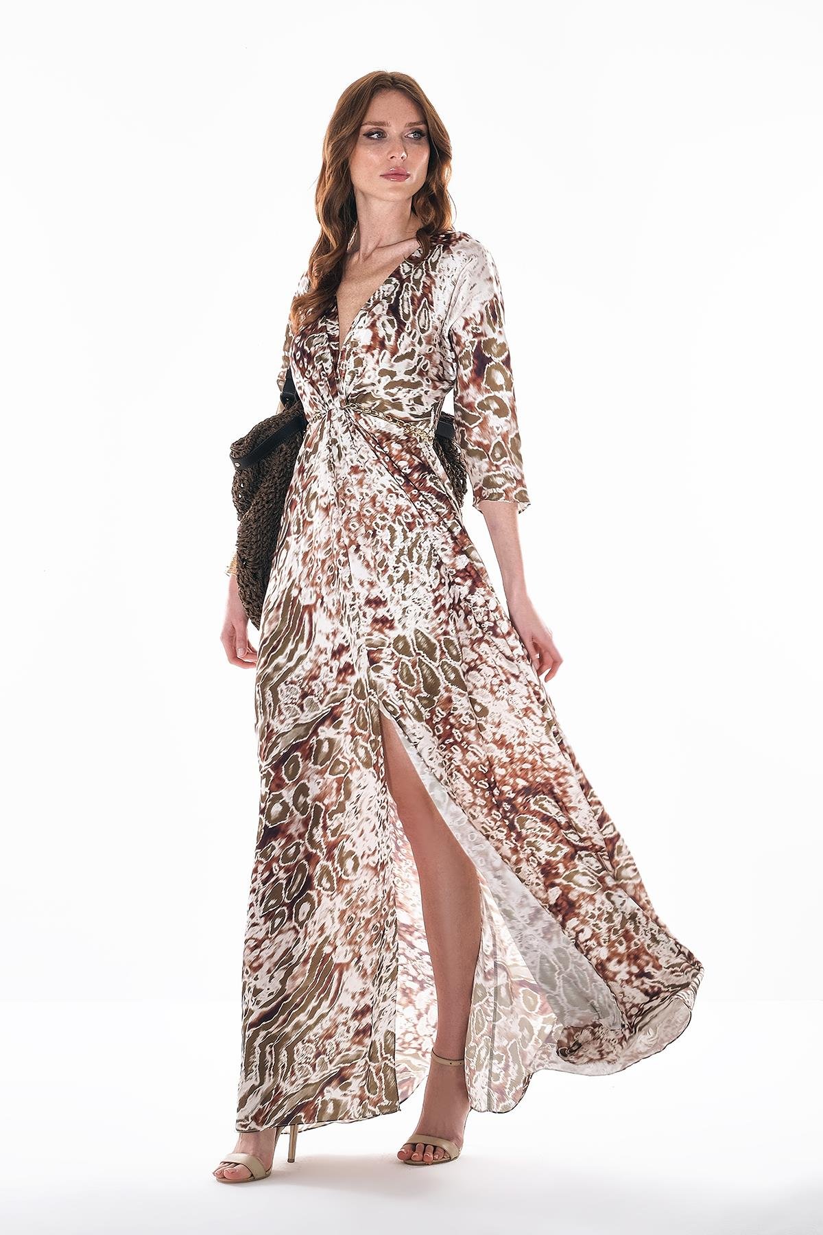 Desenli Saten Yandan Cepli Elbise