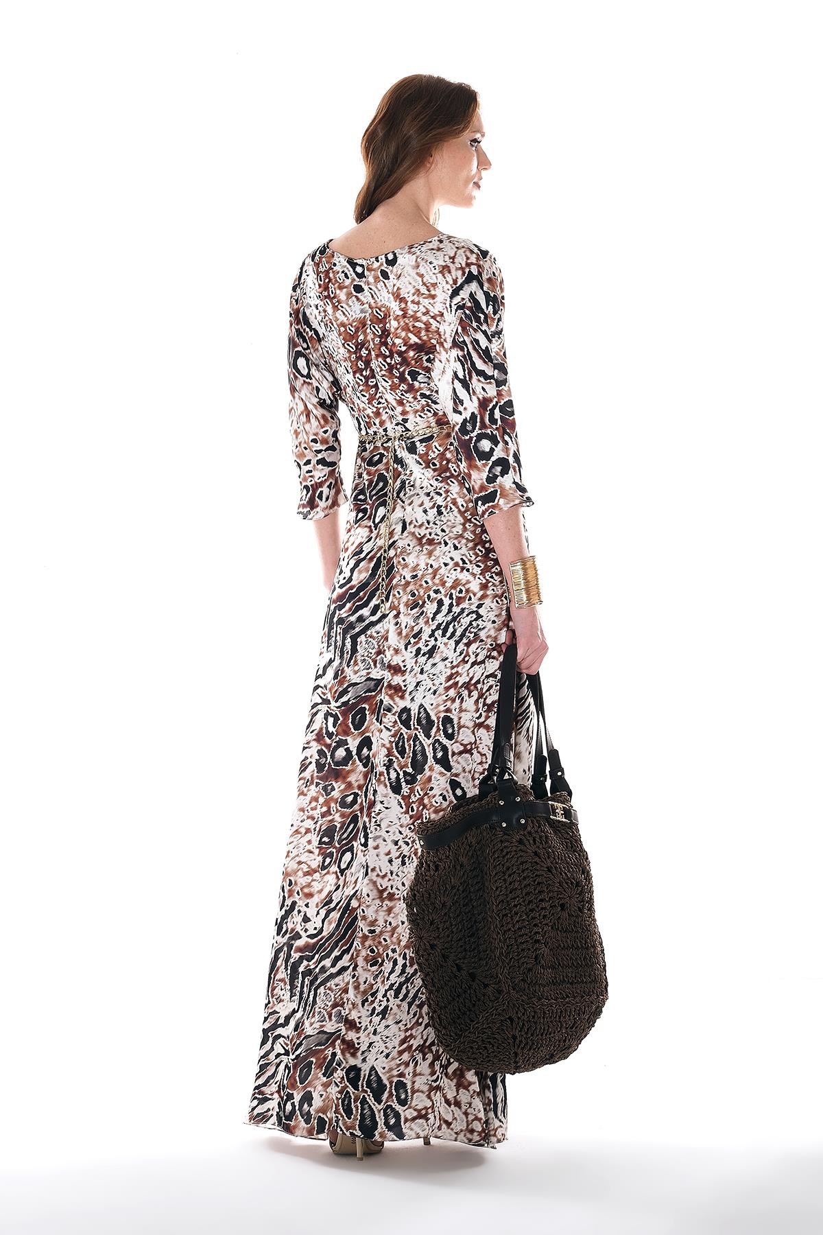 Desenli Saten Yandan Cepli Elbise