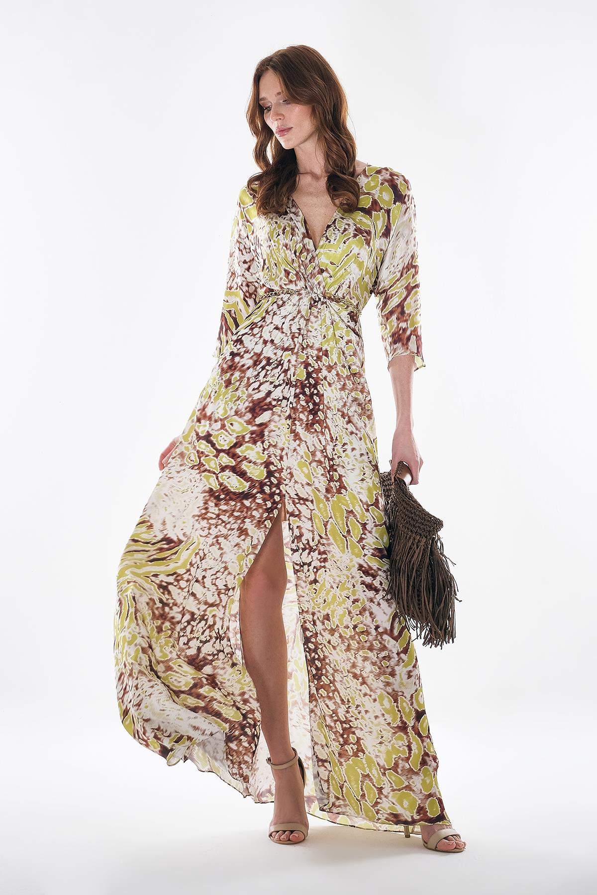 Desenli Saten Yandan Cepli Elbise