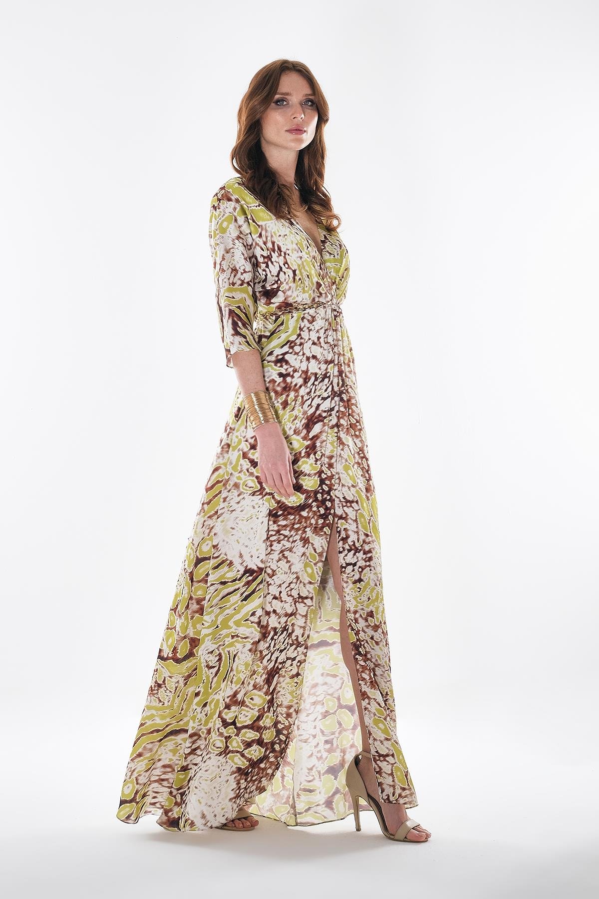 Desenli Saten Yandan Cepli Elbise