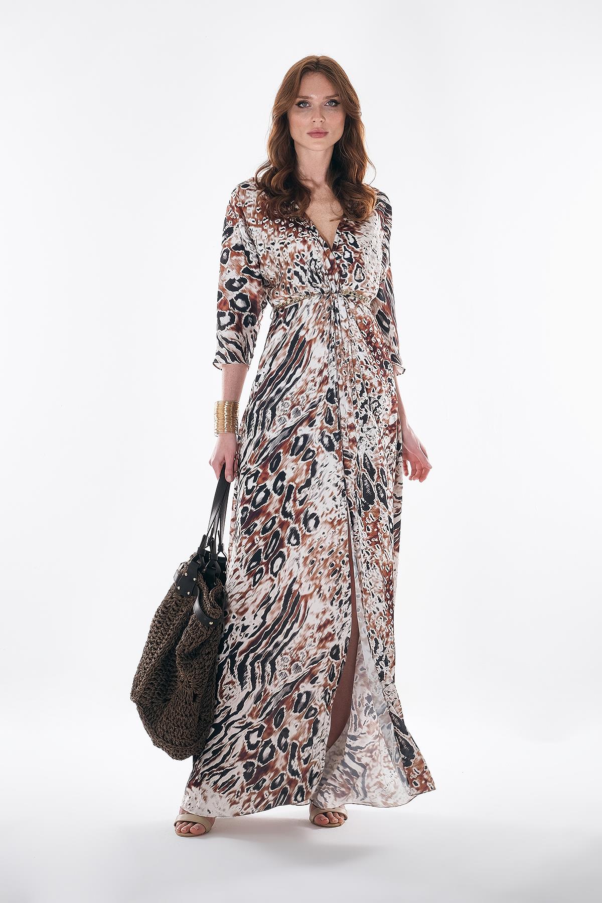 Desenli Saten Yandan Cepli Elbise