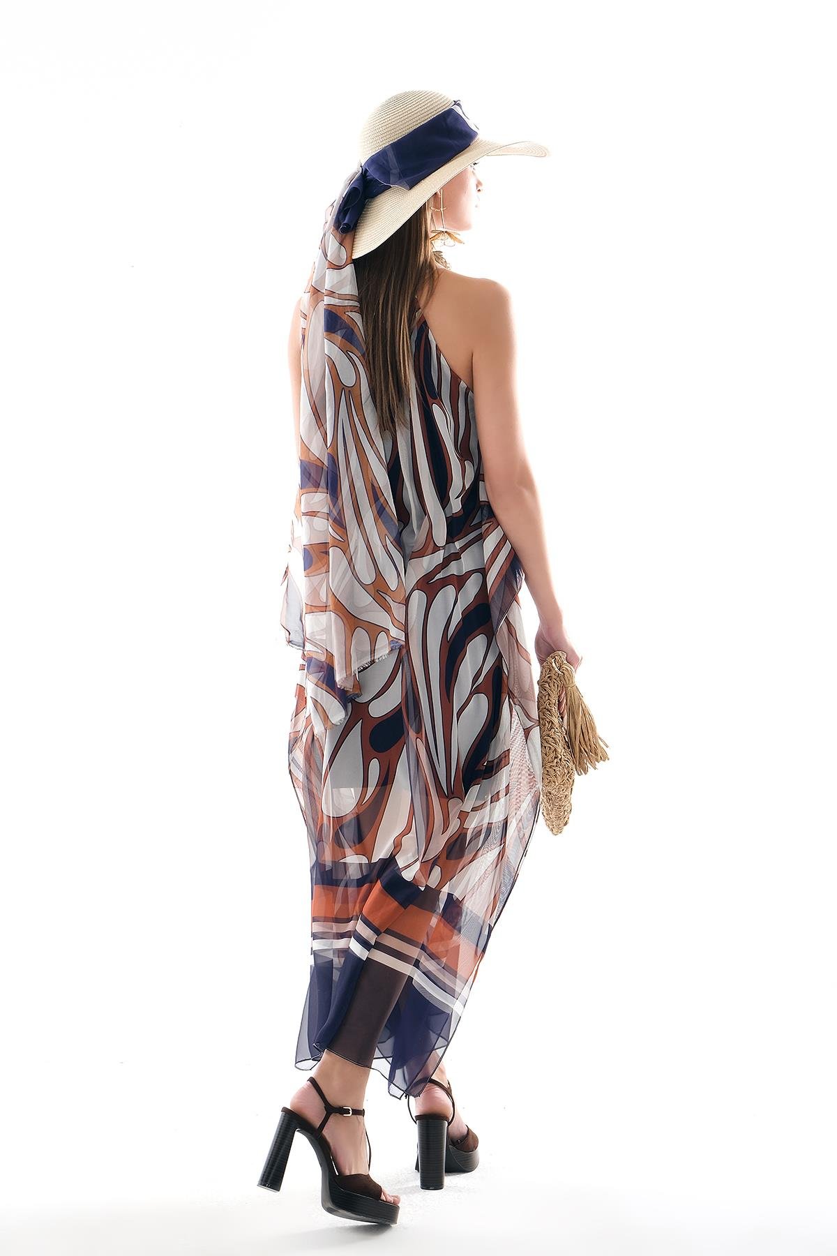 Desenli Şifon Askısı Boncuk Aksesuarlı Midi Boy Elbise