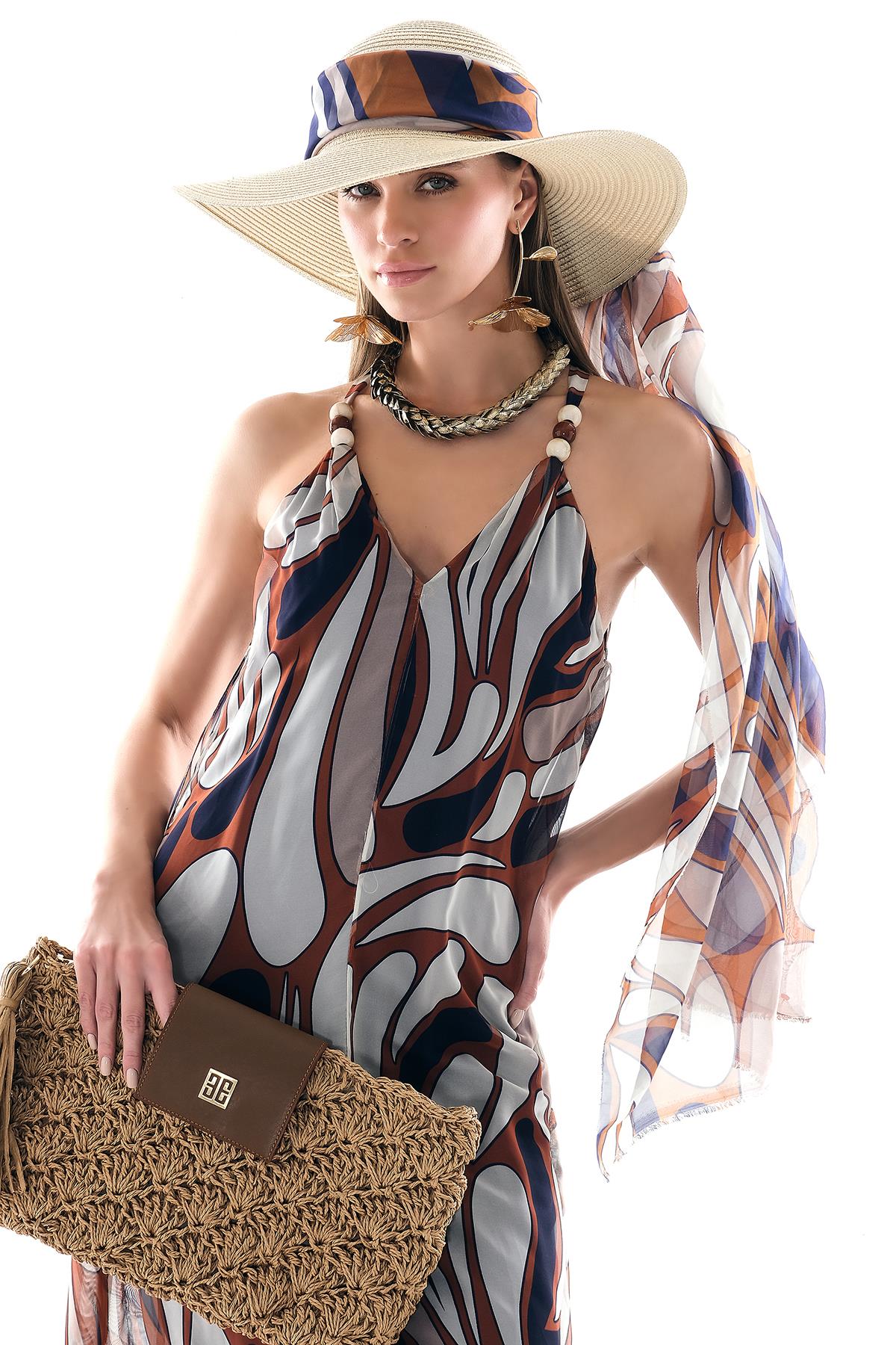 Desenli Şifon Askısı Boncuk Aksesuarlı Midi Boy Elbise