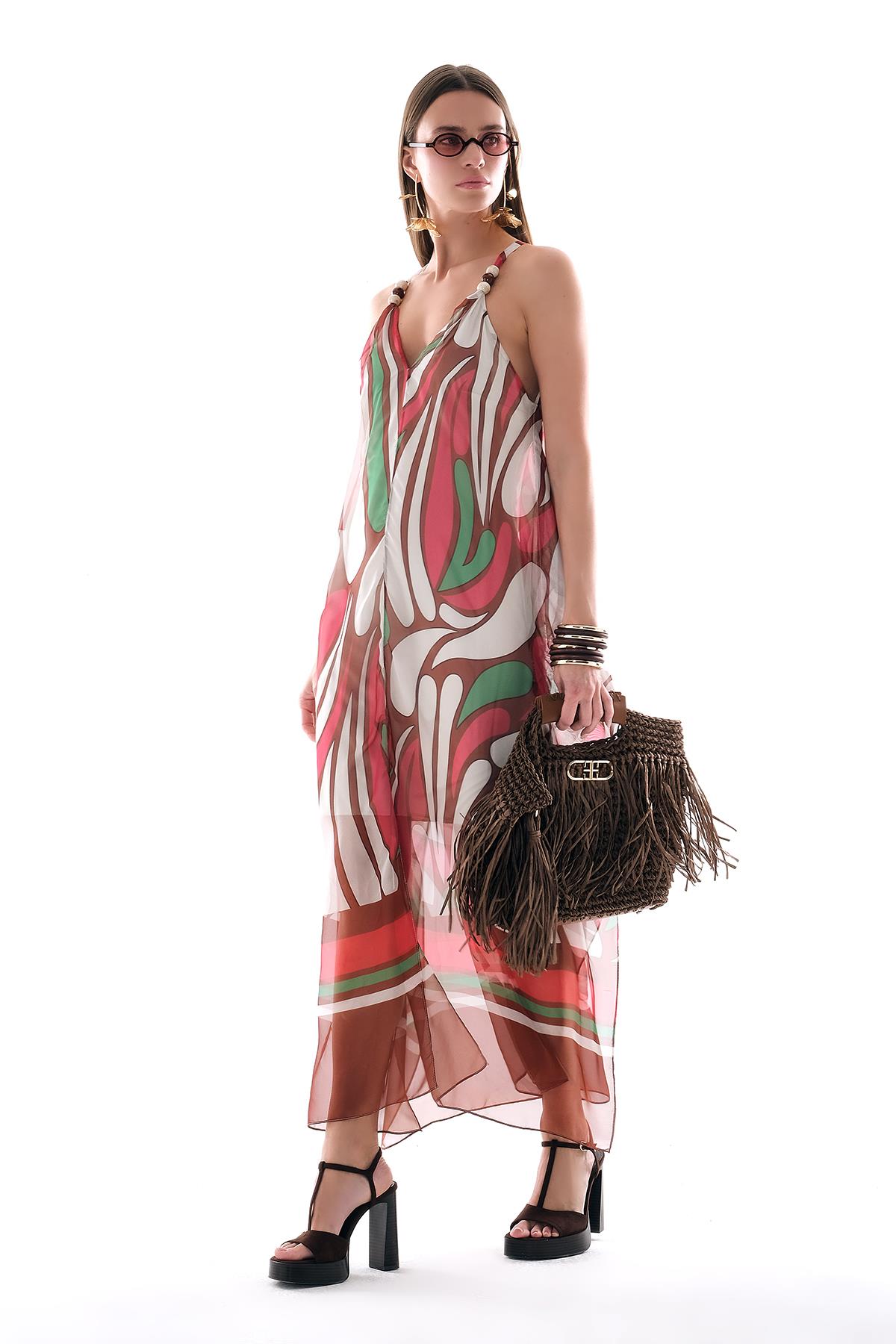 Desenli Şifon Askısı Boncuk Aksesuarlı Midi Boy Elbise