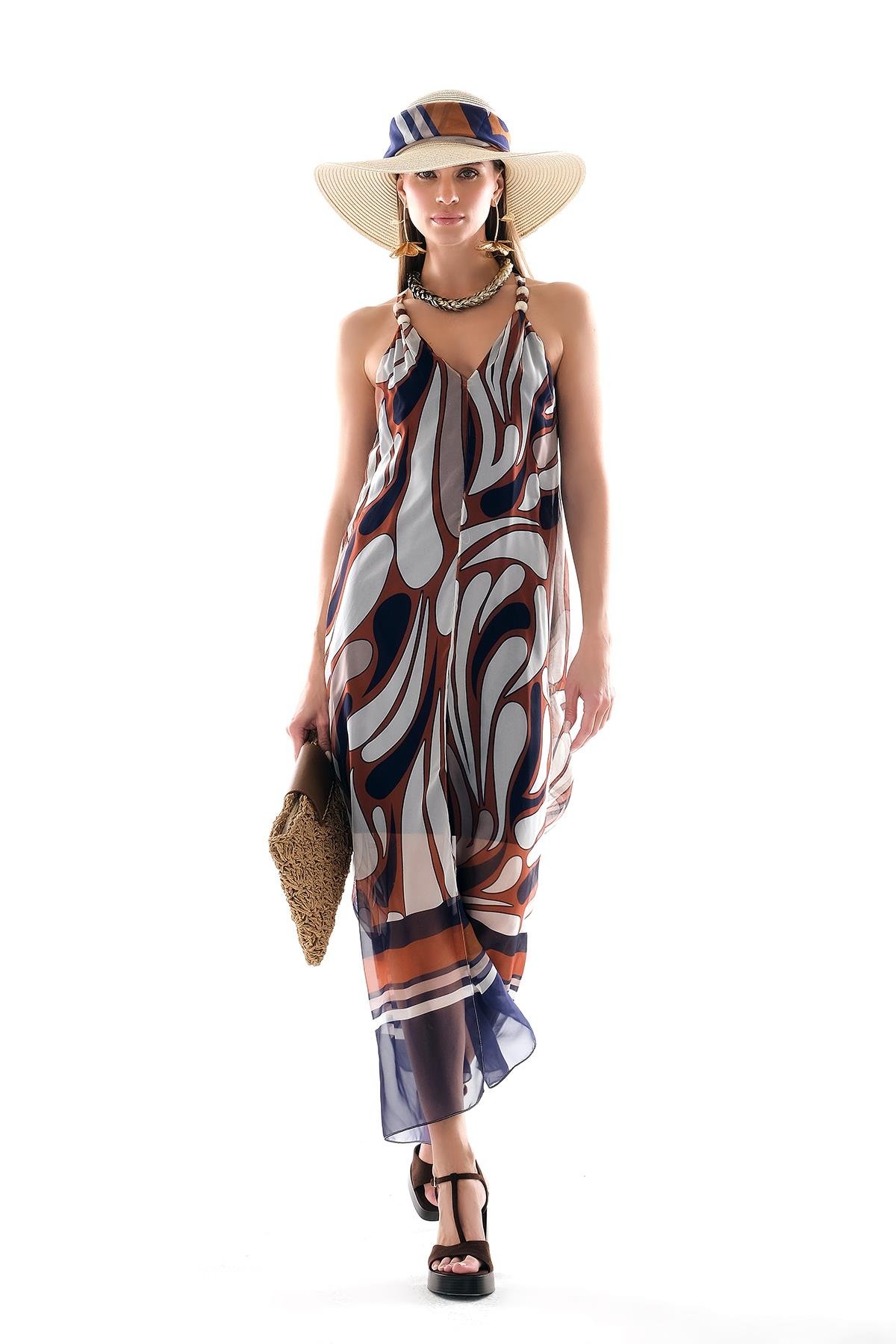 Desenli Şifon Askısı Boncuk Aksesuarlı Midi Boy Elbise