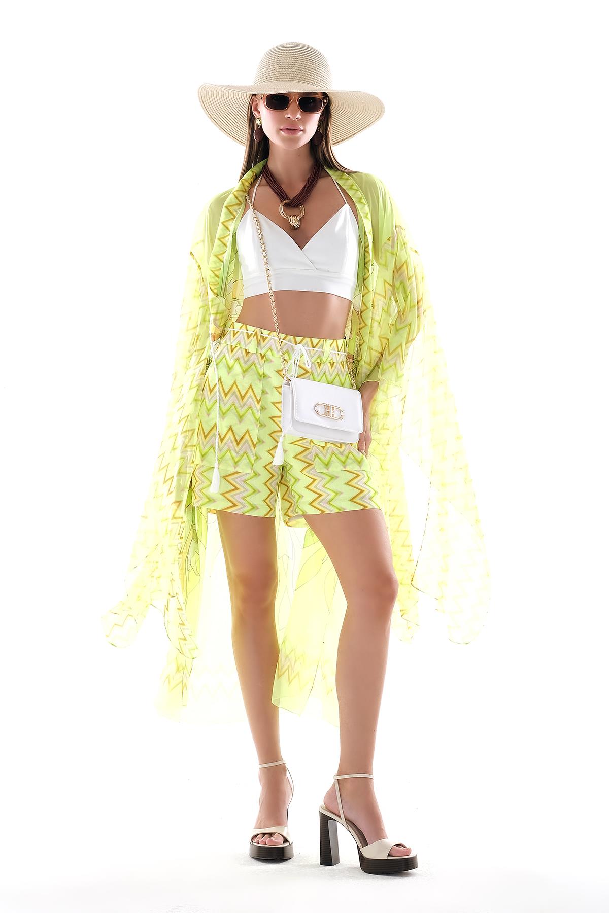 Desenli Şifon Kimono Ve Vual Şort Takım