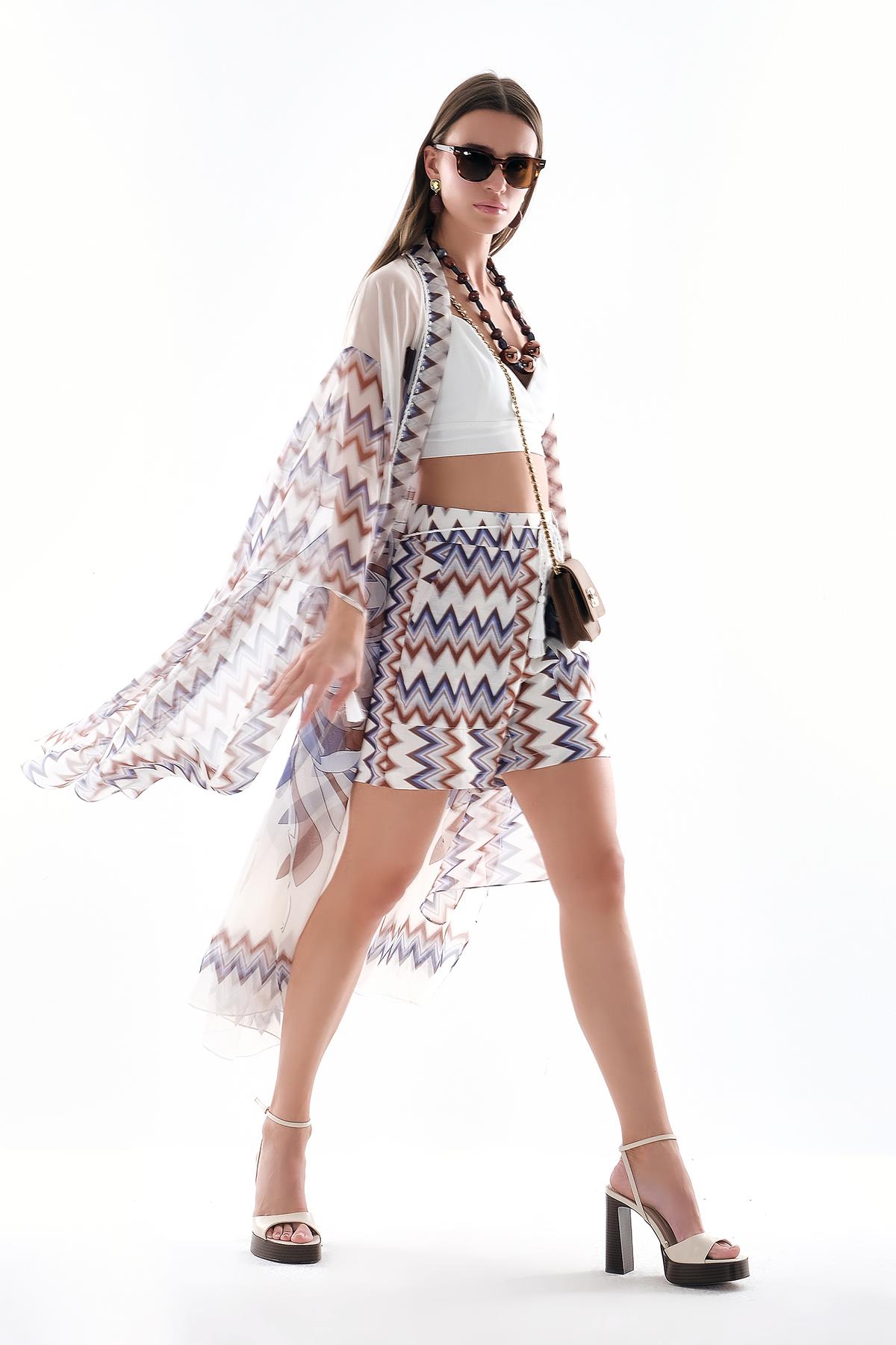 Desenli Şifon Kimono Ve Vual Şort Takım