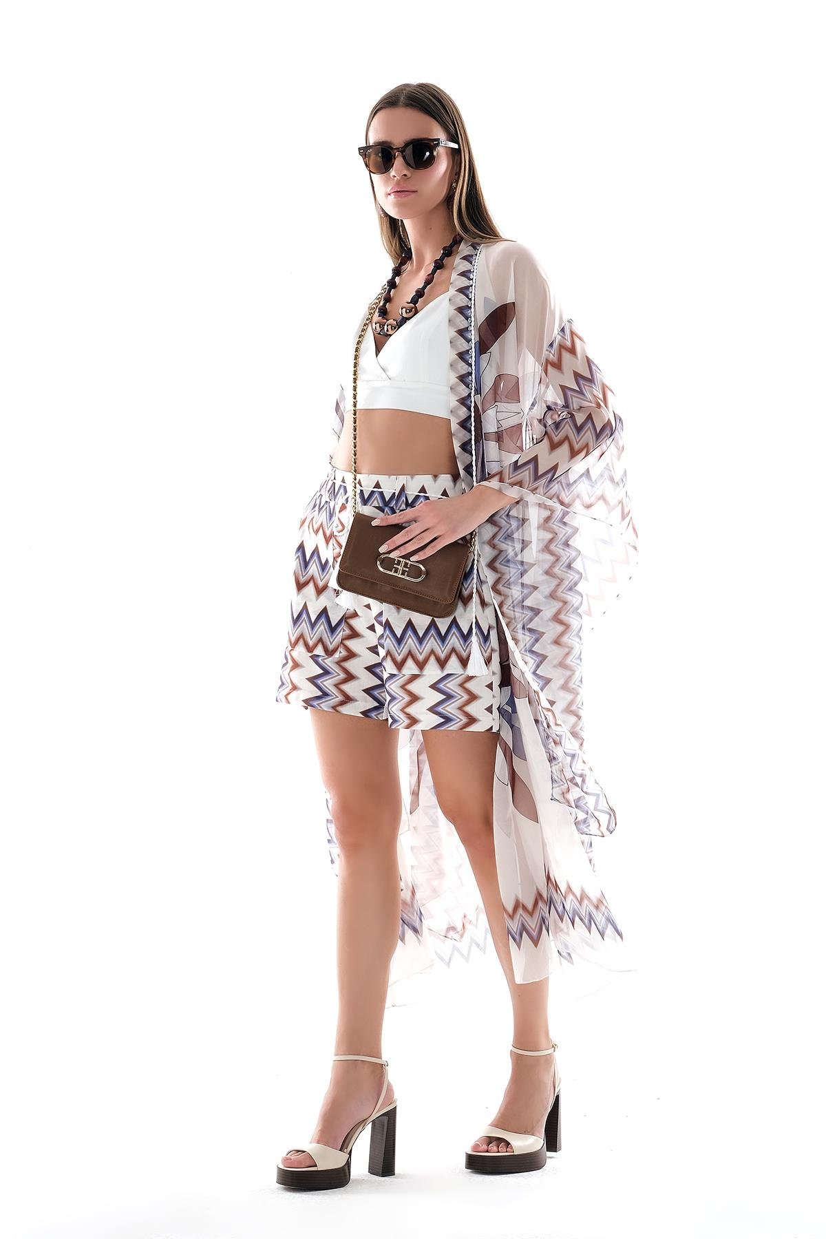 Desenli Şifon Kimono Ve Vual Şort Takım