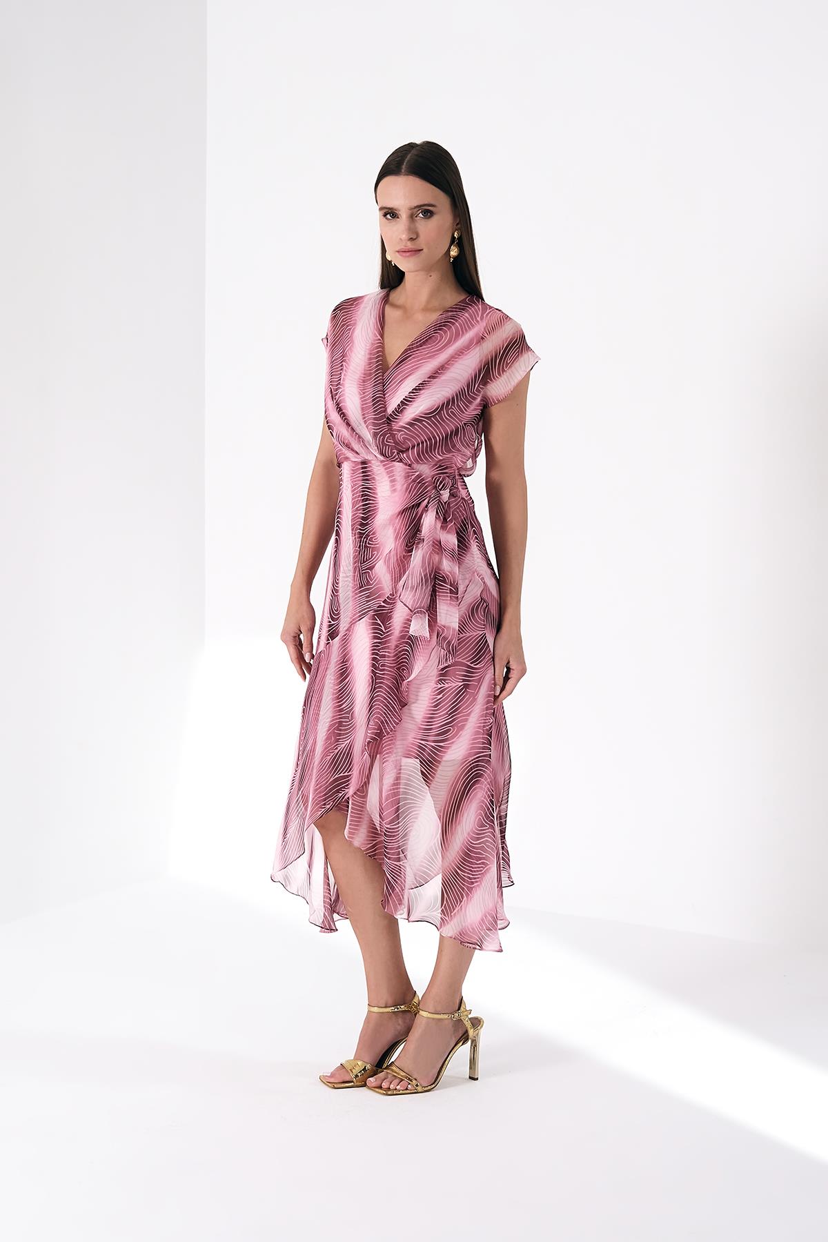 Desenli Şifon V Yaka Düğüm Detaylı Midi Elbise