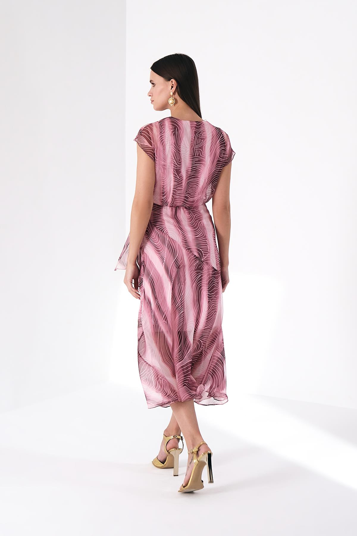 Desenli Şifon V Yaka Düğüm Detaylı Midi Elbise