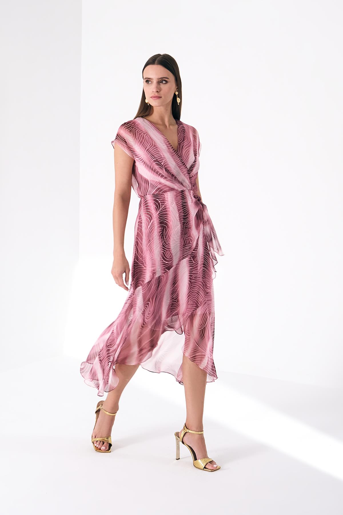 Desenli Şifon V Yaka Düğüm Detaylı Midi Elbise