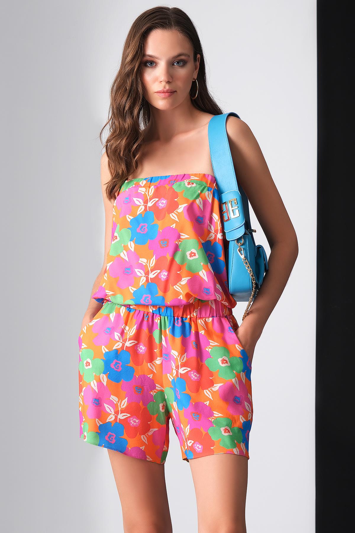 Desenli Straplez Kısa Tulum