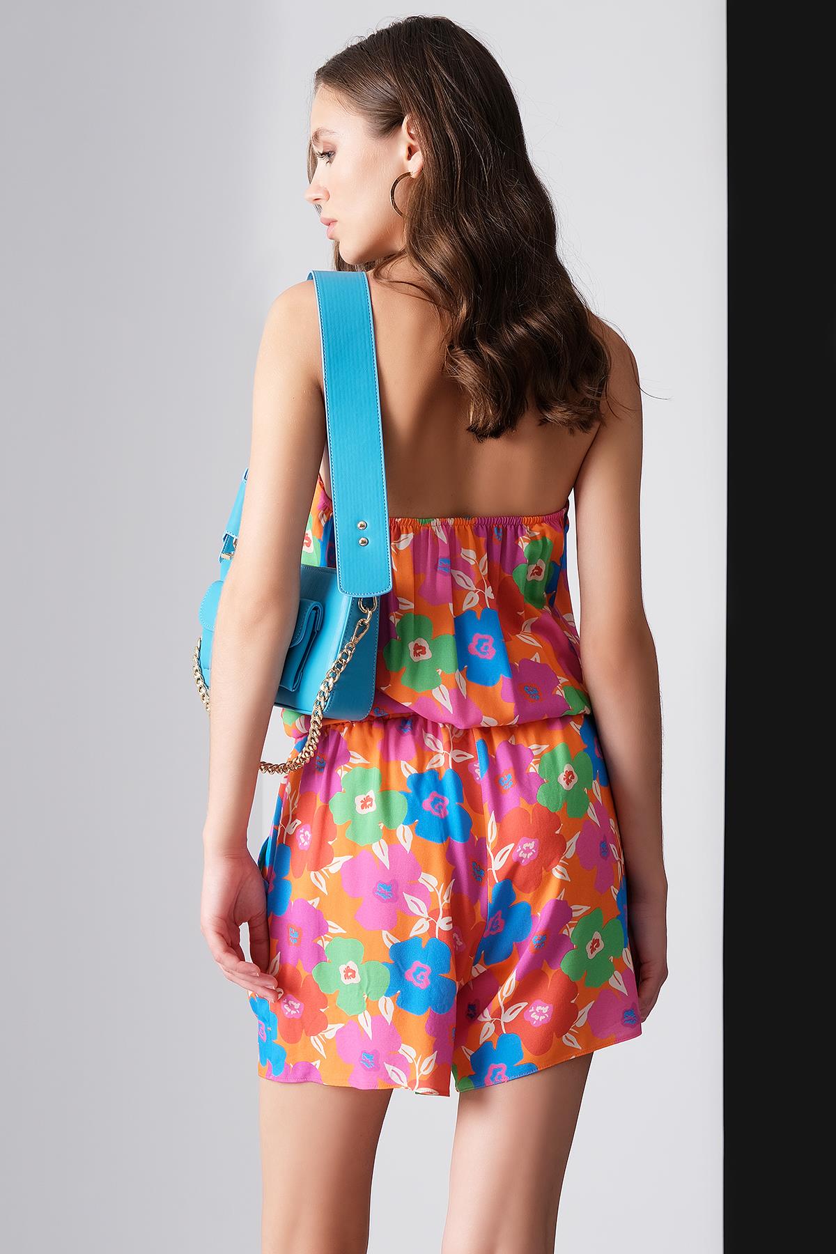 Desenli Straplez Kısa Tulum