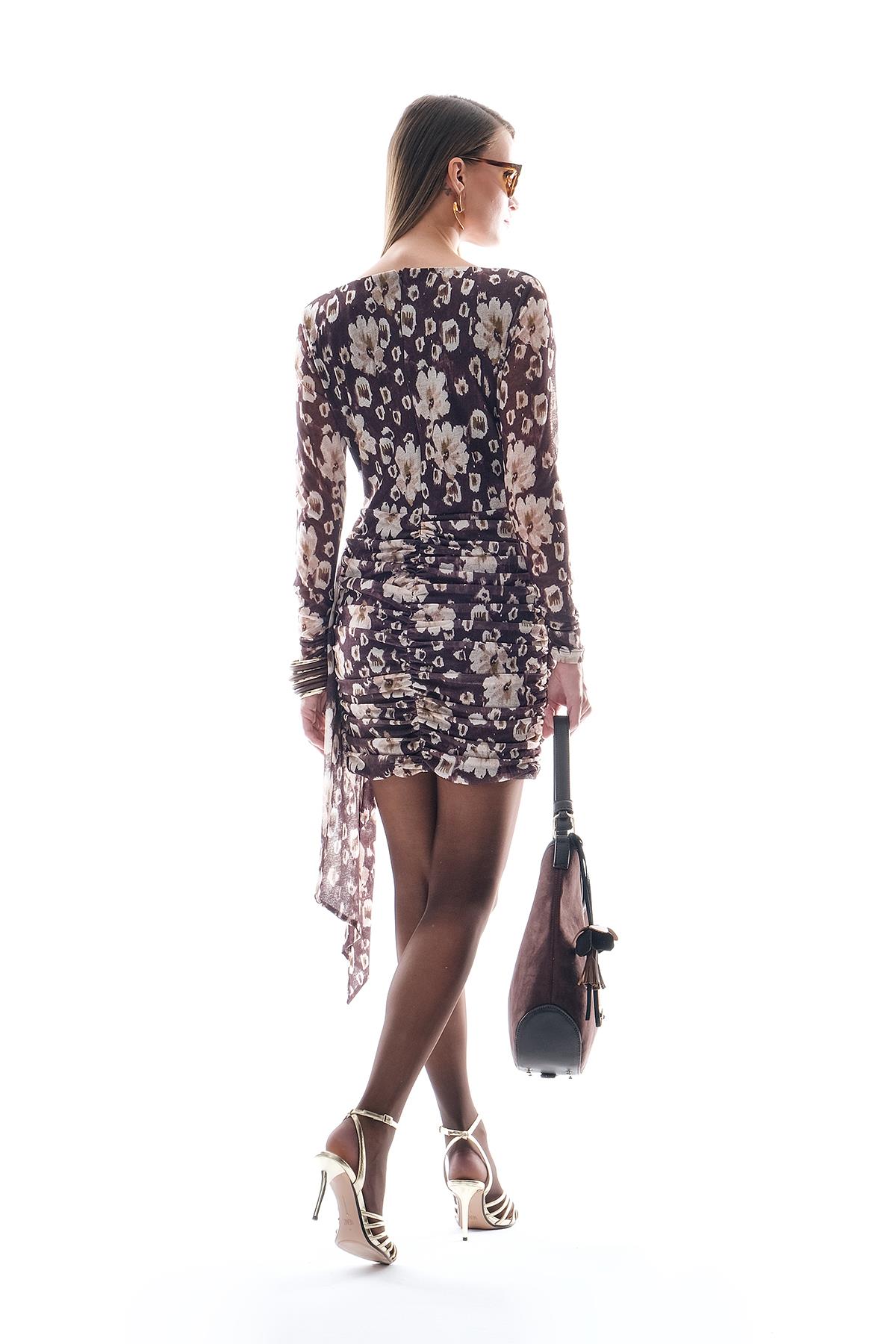 Desenli Tül Drapeli Ve Kuşaklı Mini Abiye Elbise