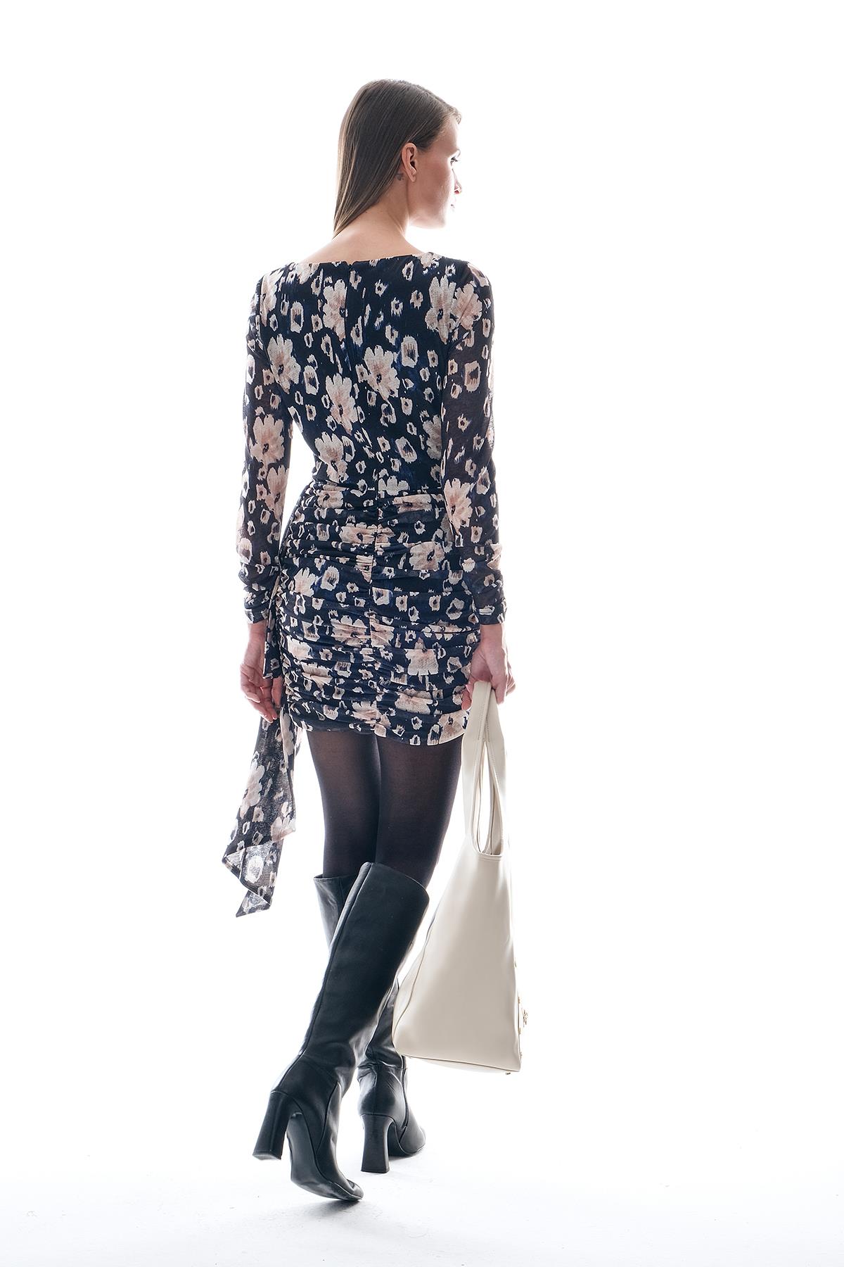 Desenli Tül Drapeli Ve Kuşaklı Mini Abiye Elbise