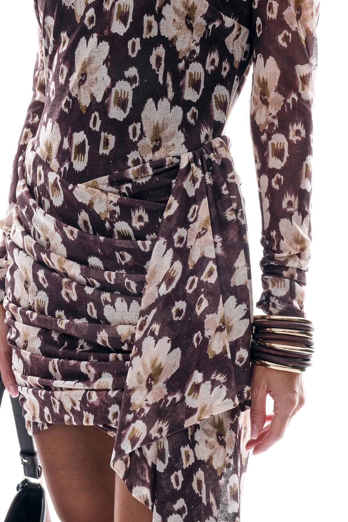 Desenli Tül Drapeli Ve Kuşaklı Mini Abiye Elbise