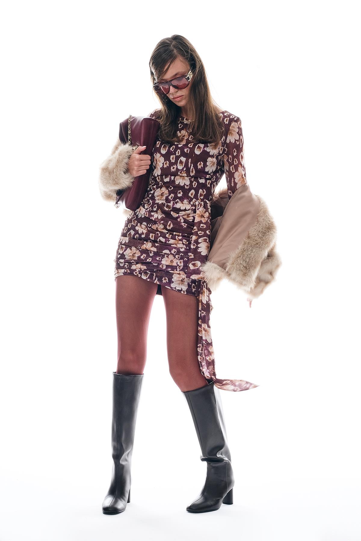 Desenli Tül Drapeli Ve Kuşaklı Mini Abiye Elbise