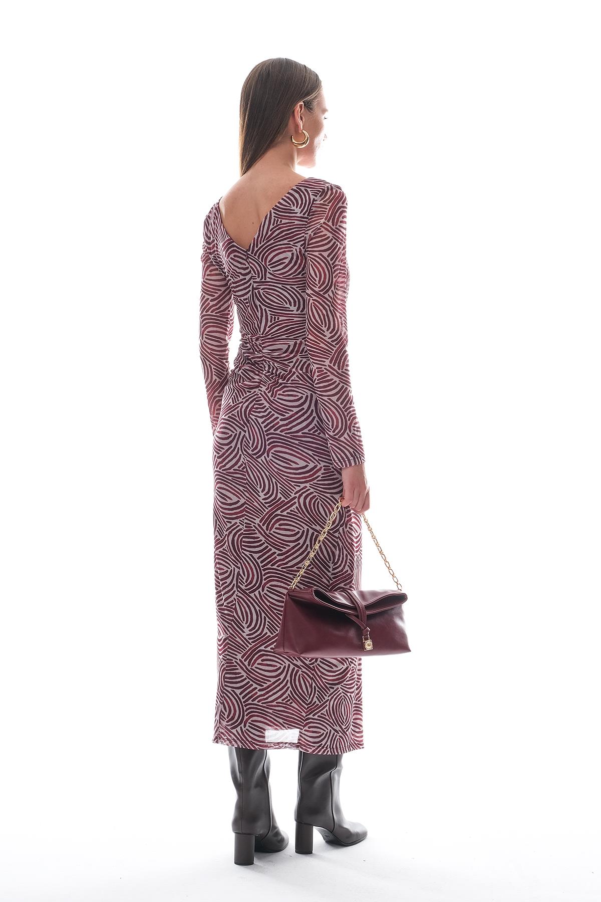 Desenli Tül Gold Tokalı  Midi Elbise