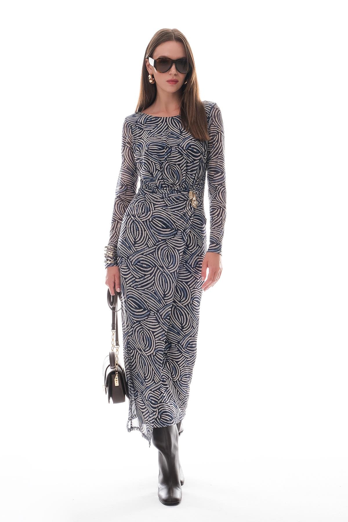 Desenli Tül Gold Tokalı  Midi Elbise