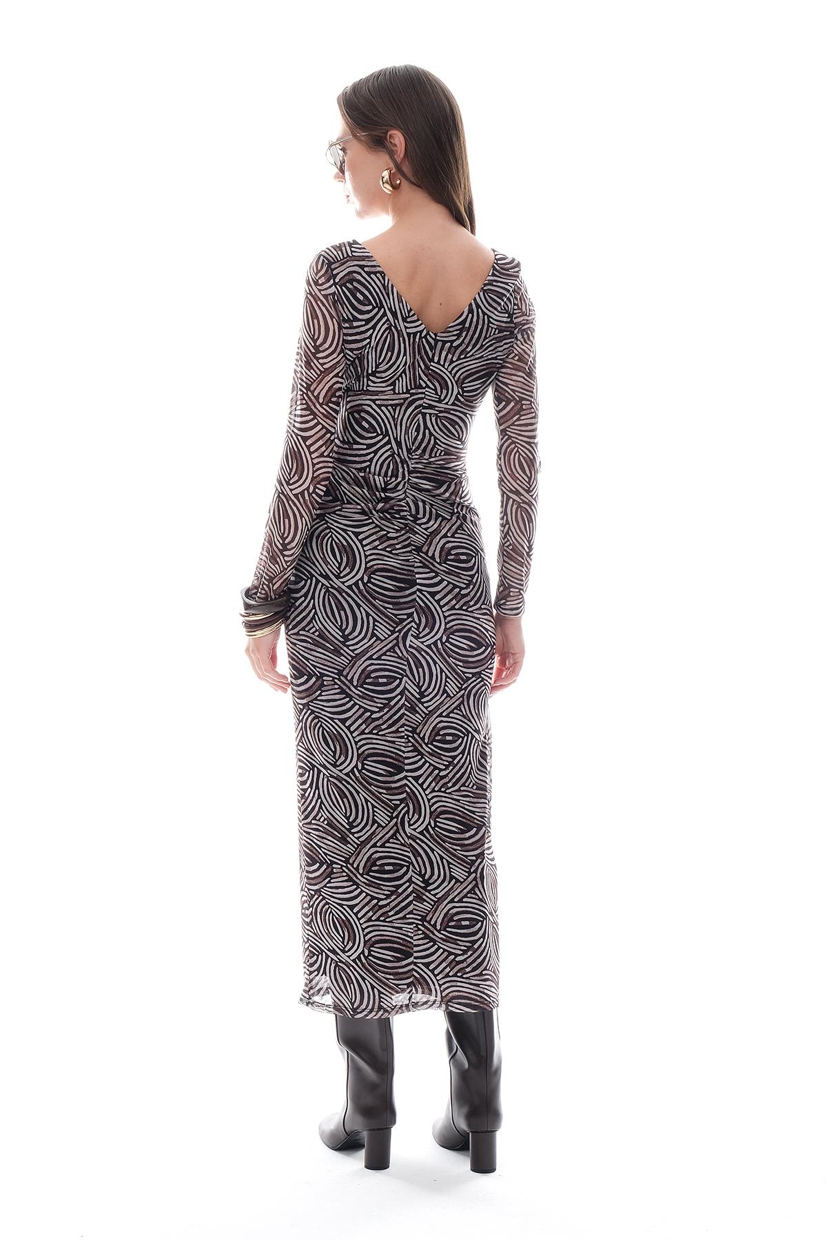 Desenli Tül Gold Tokalı  Midi Elbise