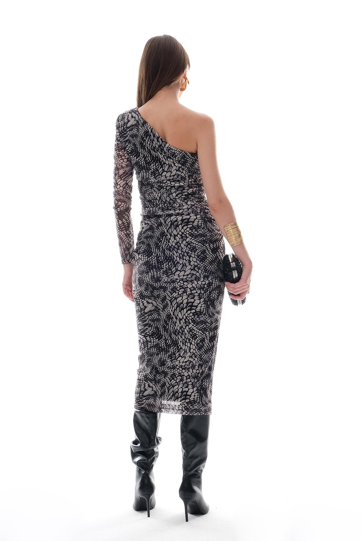 Desenli Tül Tek Kollu Midi Şık Elbise