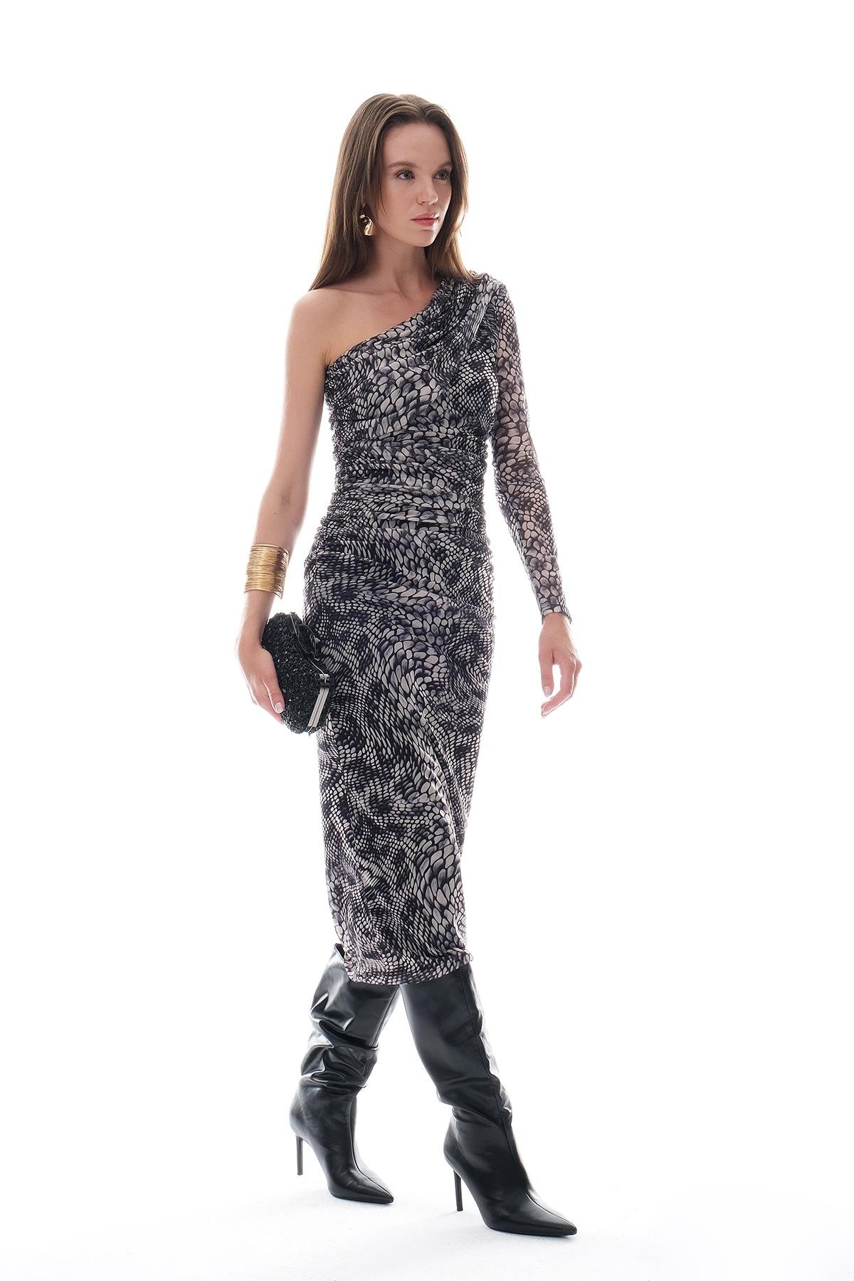 Desenli Tül Tek Kollu Midi Şık Elbise