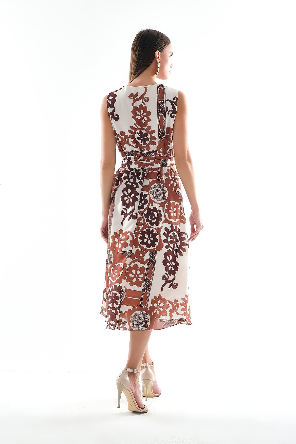 Eteği Volanlı Kruvaze Yakalı Beli Kuşaklı Midi Boy Elbise