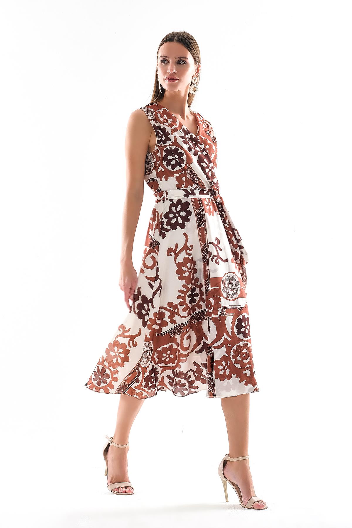 Eteği Volanlı Kruvaze Yakalı Beli Kuşaklı Midi Boy Elbise