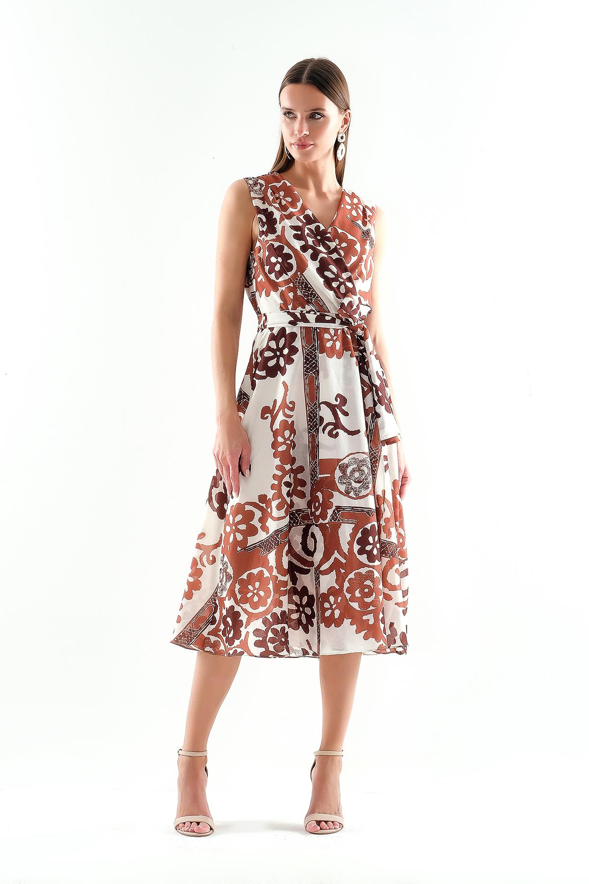 Eteği Volanlı Kruvaze Yakalı Beli Kuşaklı Midi Boy Elbise