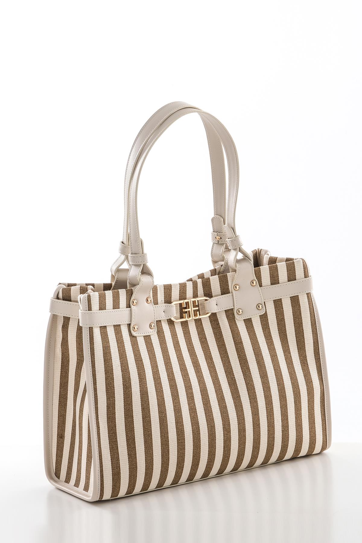 Dikey Çizgili Çift Saplı Şık Tasarıma Sahip El Çantası