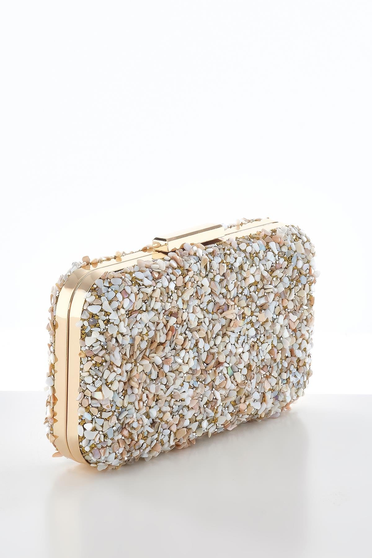 Doğal Taşlı Metal Saplı Kilitli Abiye Clutch Çanta