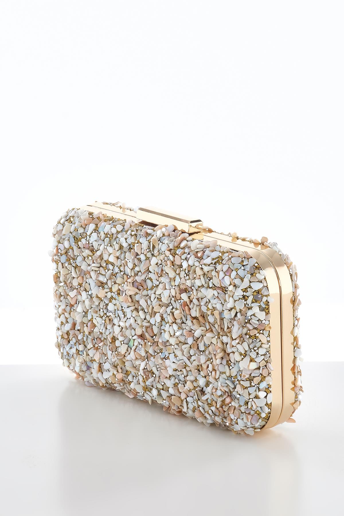 Doğal Taşlı Metal Saplı Kilitli Abiye Clutch Çanta