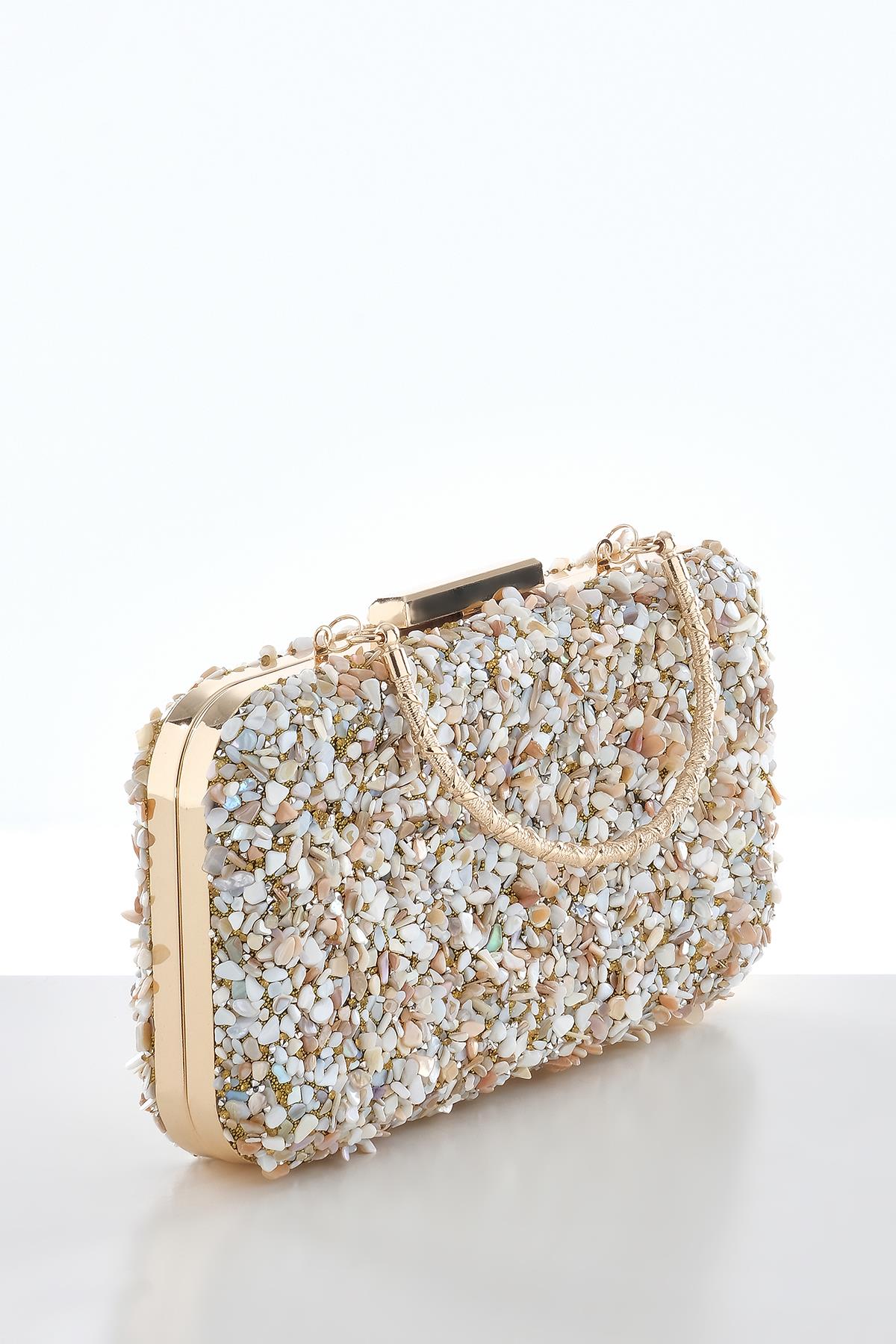 Doğal Taşlı Metal Saplı Kilitli Abiye Clutch Çanta