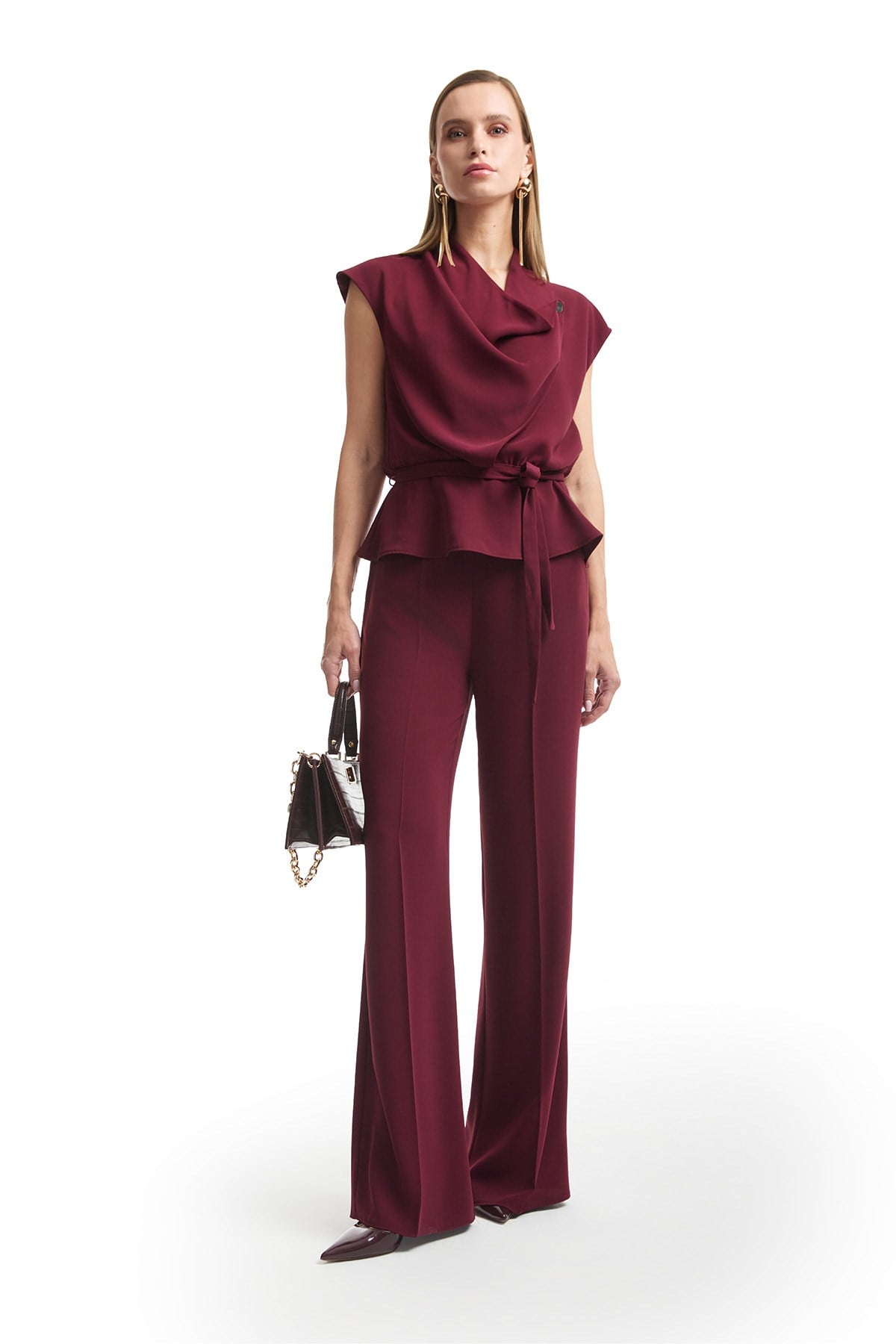 Dökümlü Yaka Belden Bağlamalı Peplum İkili Takım