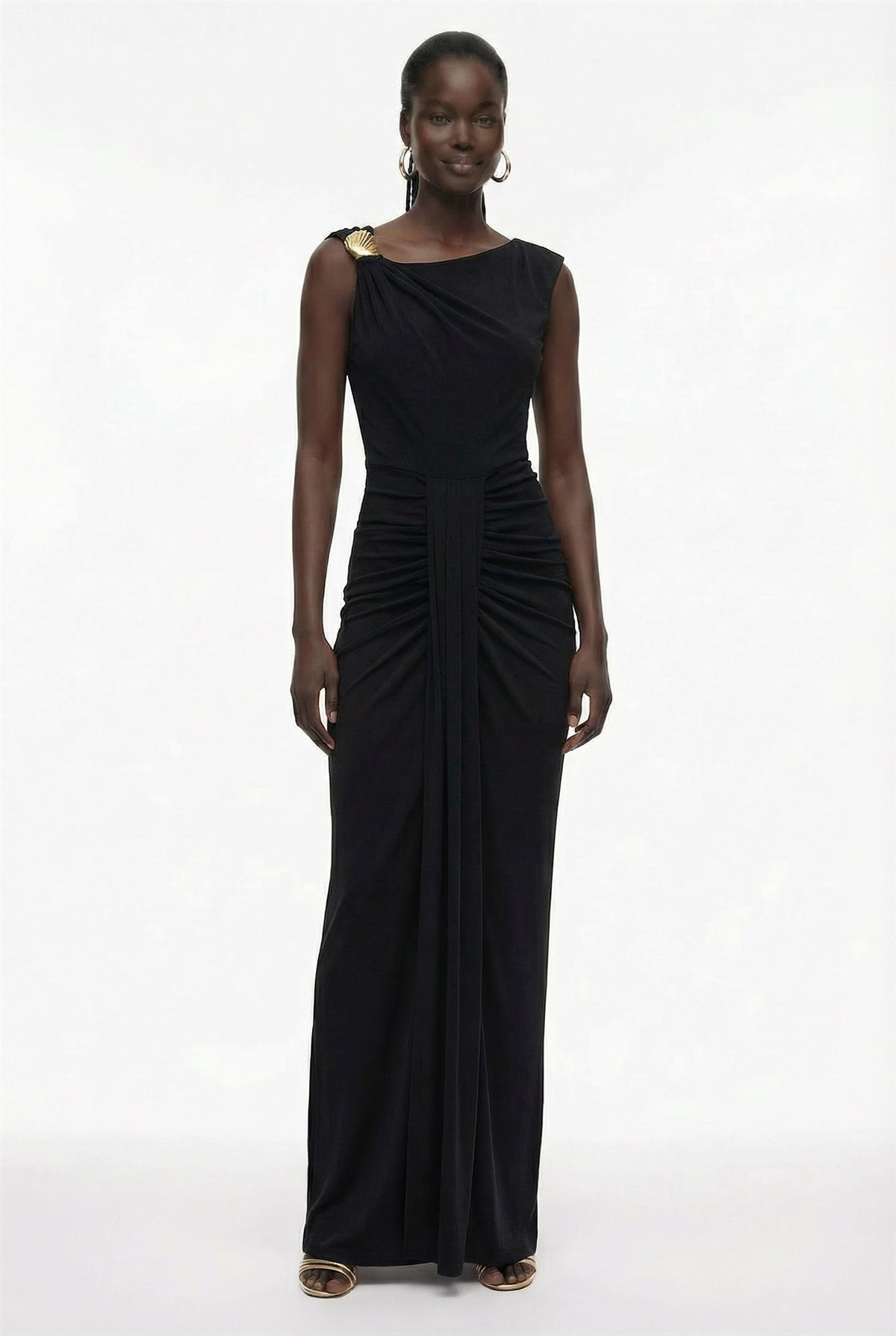 Drape Detaylı Asimetrik Maxi Elbise